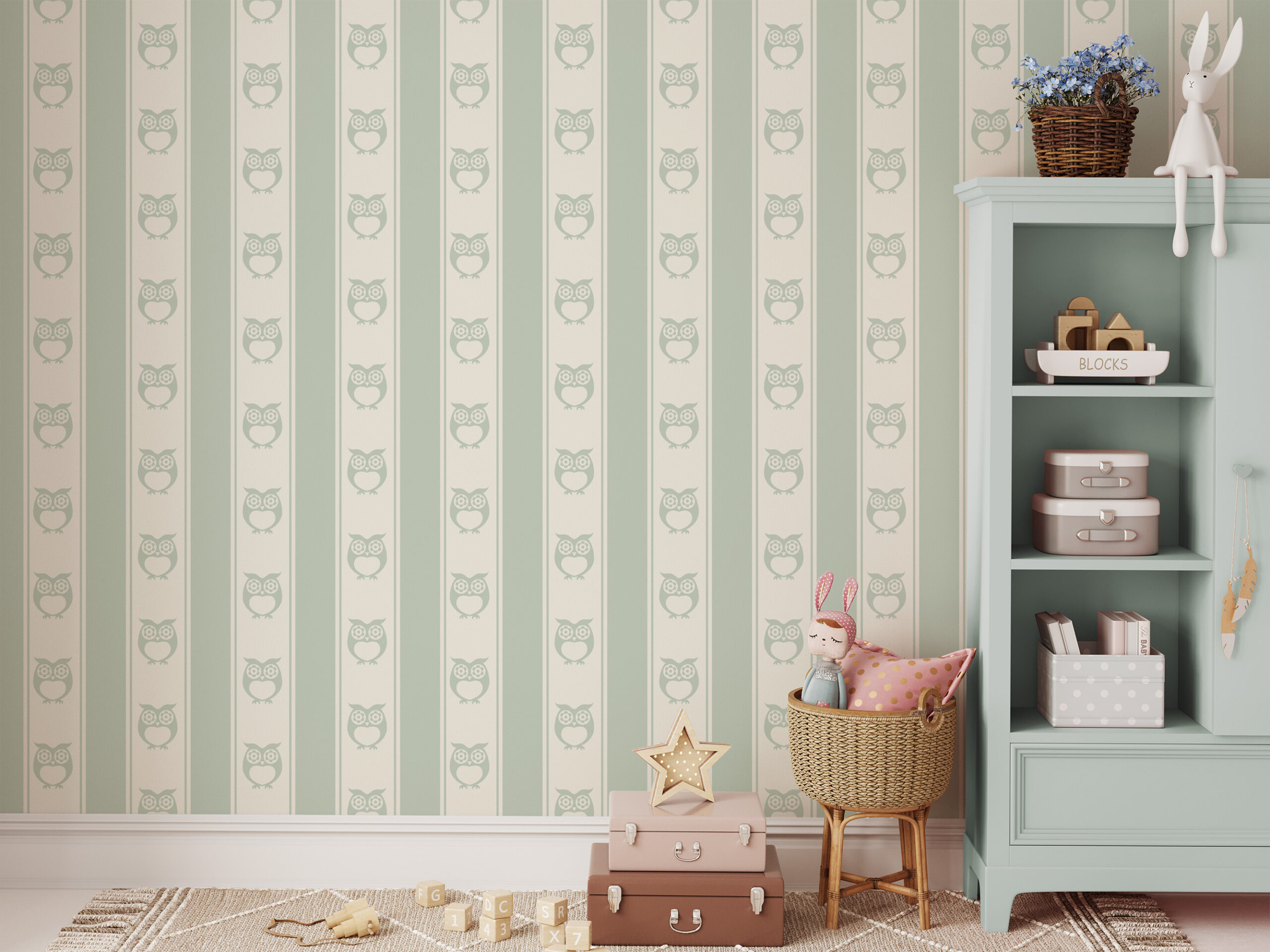 Minimalist Sage Green Owl and Vertical Stripes Kids Peel and Stick Wallpaper, Scandi Nursery Wall Mural