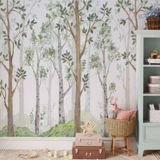 Modern Watercolor Forest Trees Peel and Stick Wallpaper, Soft Green Nursery and Kids Room Wall Mural