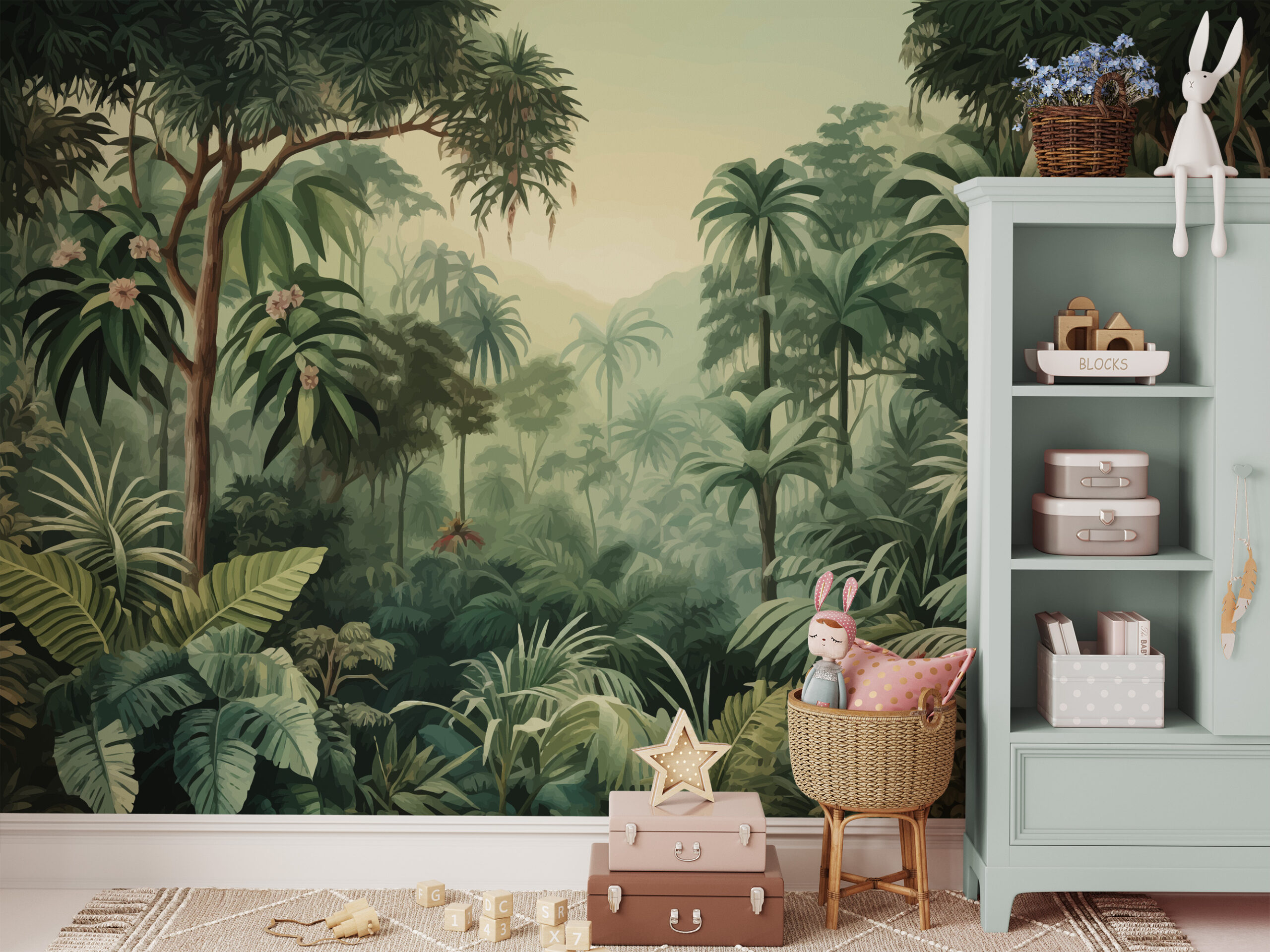 Modern Lush Tropical Jungle Peel and Stick Wallpaper, Illustrative Green Palm Forest Wall Mural