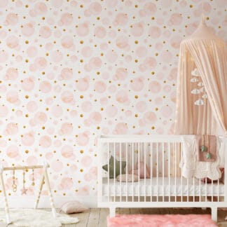 Soft Pink Watercolor Bubbles with Gold Glitter Peel and Stick Wallpaper, Abstract Circles Wall Mural, Whimsical Nursery Decor