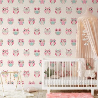 Whimsical Pastel Owl and Polka Dot Kids Peel and Stick Wallpaper, Cute Pink and Teal Nursery Wall Mural