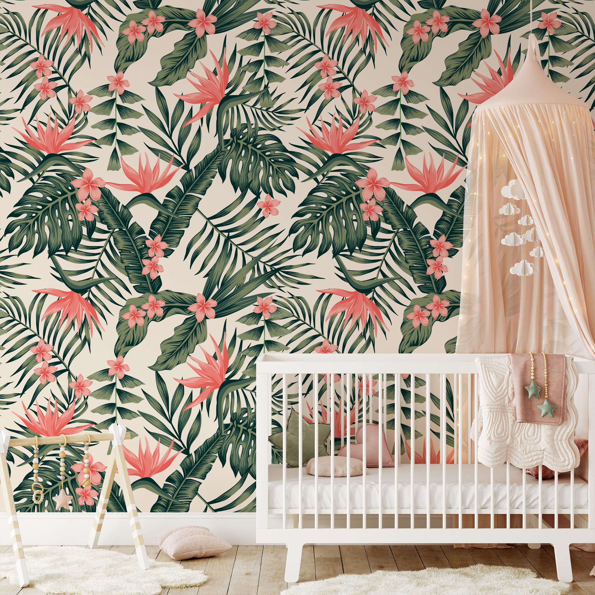 Modern Pink and Green Bird of Paradise Tropical Peel and Stick Wallpaper, Bold Botanical Monstera Wall Mural