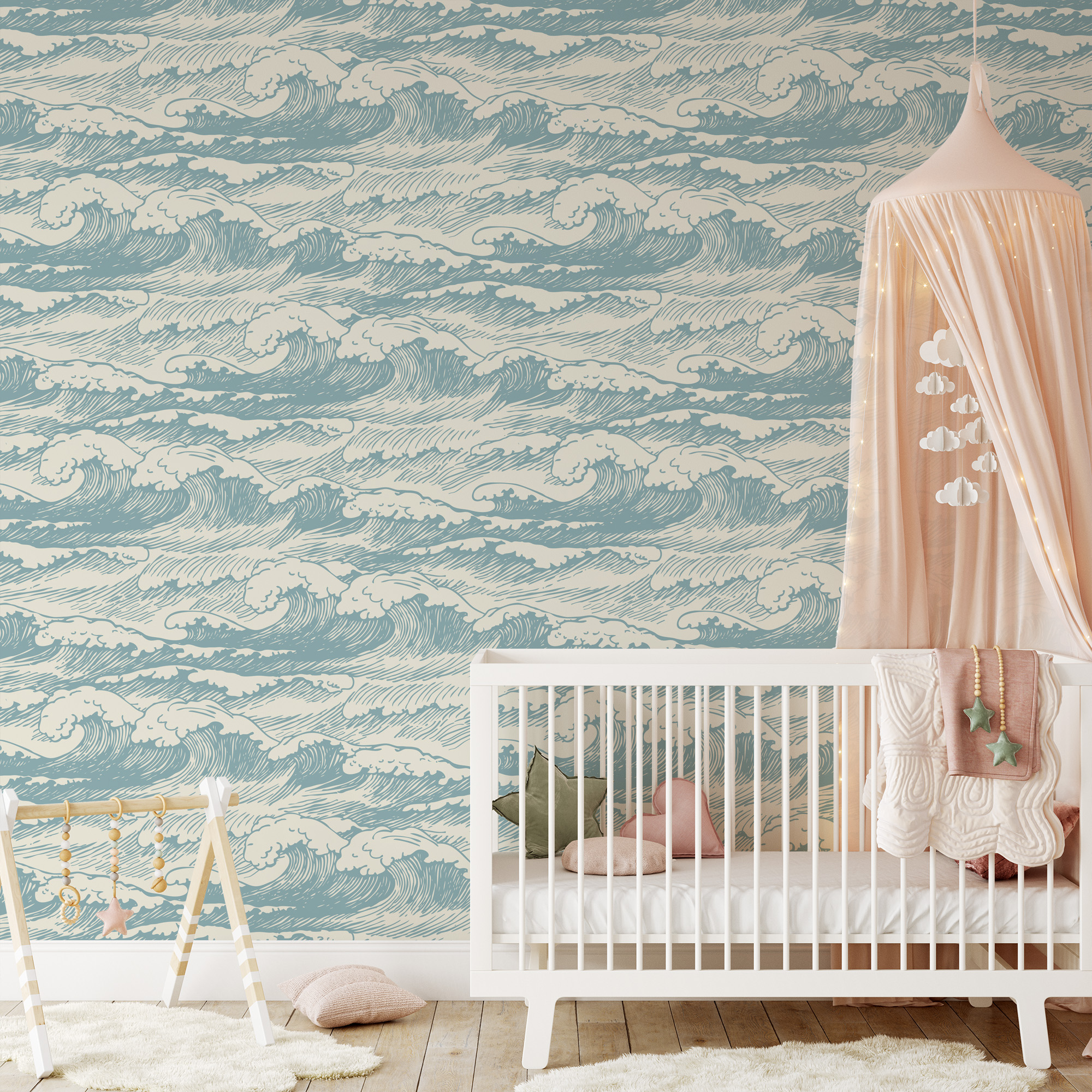 Modern Blue Japanese Wave Peel and Stick Wallpaper, Nautical Ocean Kids Room Wall Mural