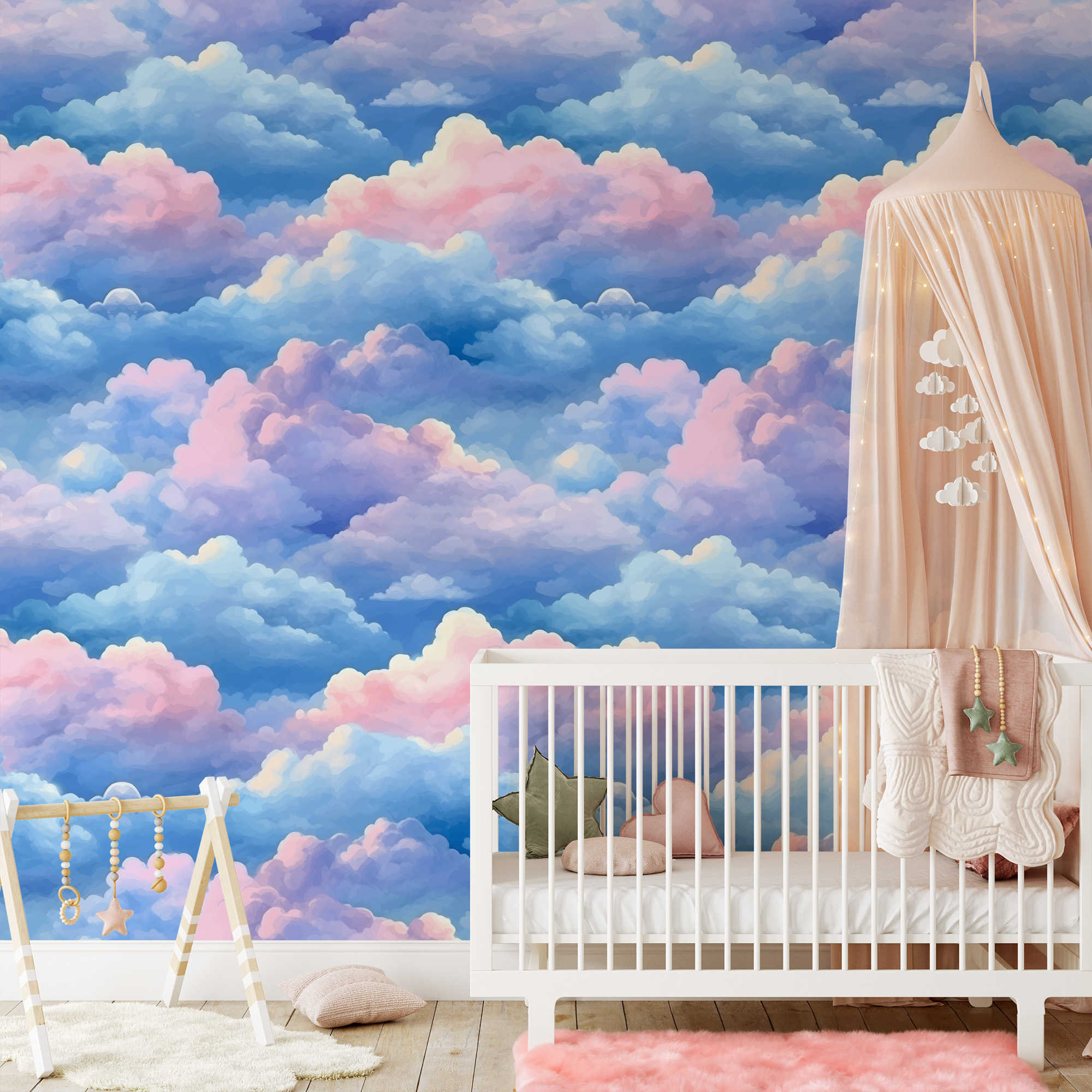 Modern Watercolor Pink and Blue Cloud Peel and Stick Wallpaper, Whimsical Dreamy Sky Wall Mural