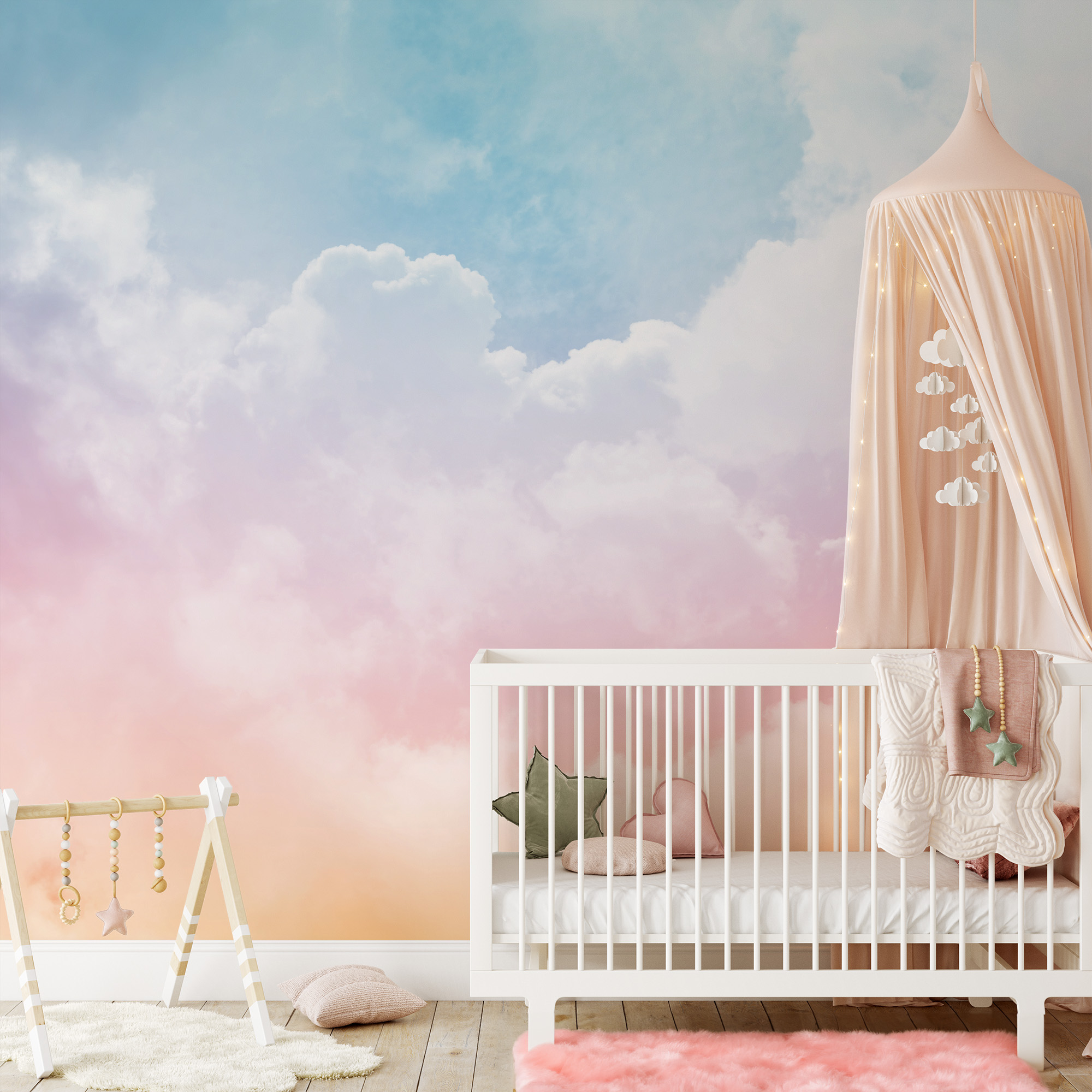 Modern Watercolor Pink and Blue Cloud Peel and Stick Wallpaper, Dreamy Sky Nursery Wall Mural