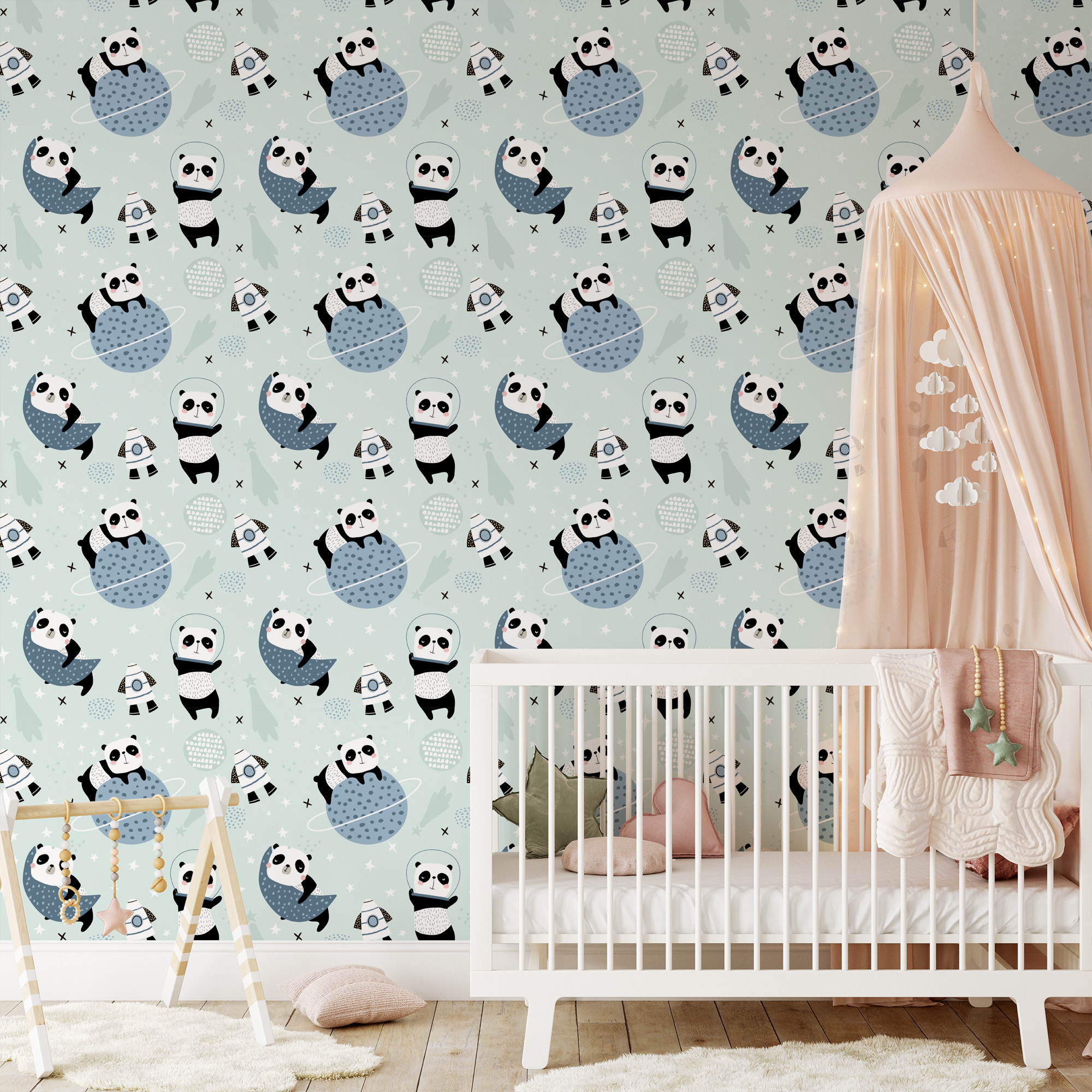Space Panda Astronaut Kids Wallpaper Peel and Stick, Mint Green Galaxy Nursery Wall Mural, Whimsical Rocket Ship Decor