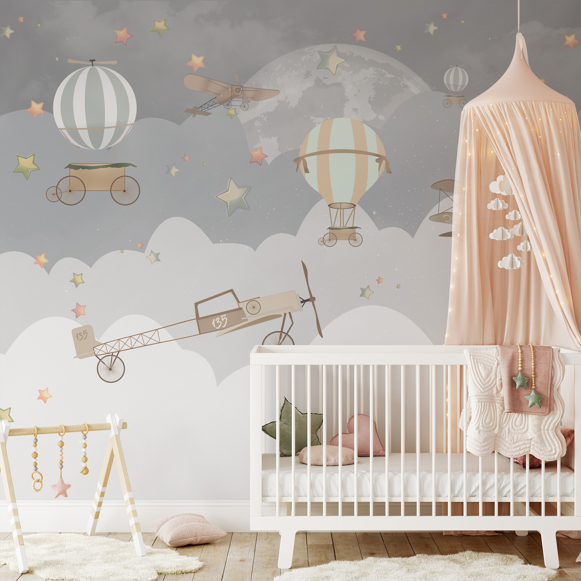 Vintage Airplane and Hot Air Balloon Nursery Peel and Stick Wallpaper, Adventure Sky Kids Wall Mural, Grey Sky Nursery Decor