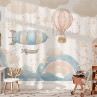 Watercolor Vintage Airship and Hot Air Balloon Peel and Stick Wallpaper, Dreamy Sky and Mountain Nursery Wall Mural