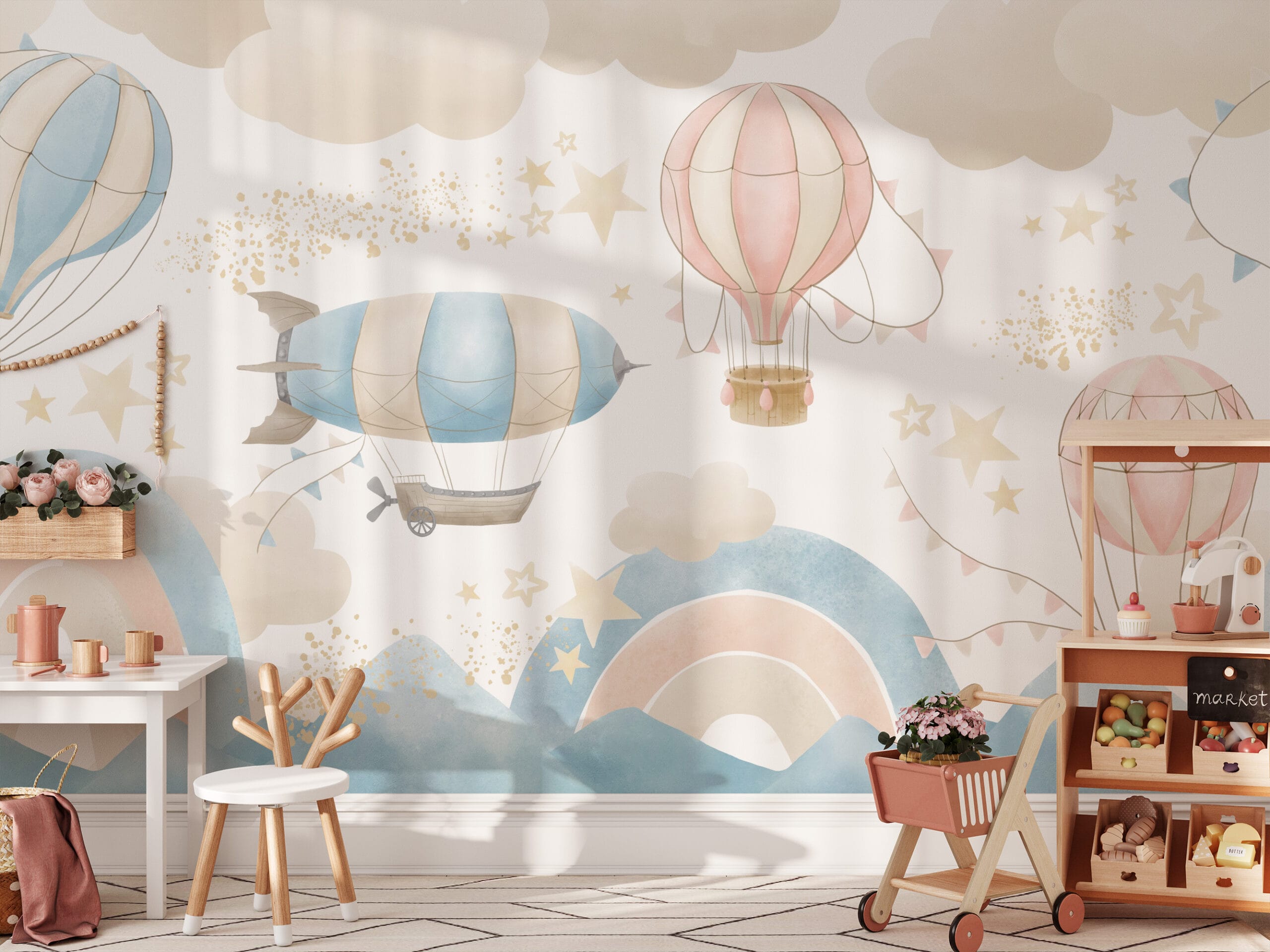 Watercolor Vintage Airship and Hot Air Balloon Peel and Stick Wallpaper, Dreamy Sky and Mountain Nursery Wall Mural