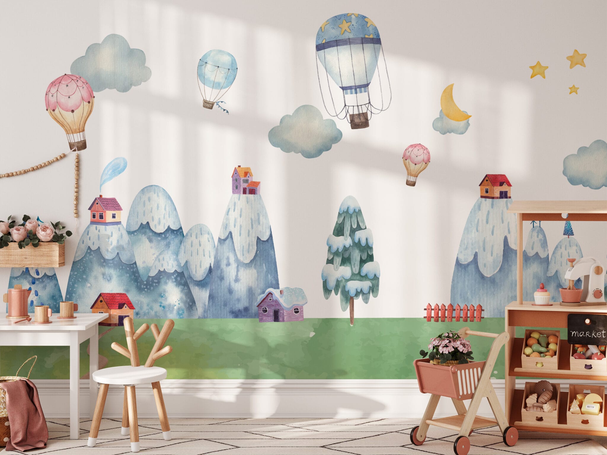 Watercolor Hot Air Balloon and Mountain Kids Peel and Stick Wallpaper ...