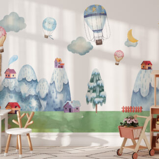 Watercolor Hot Air Balloon and Mountain Kids Peel and Stick Wallpaper, Fairytale Village Nursery Wall Mural