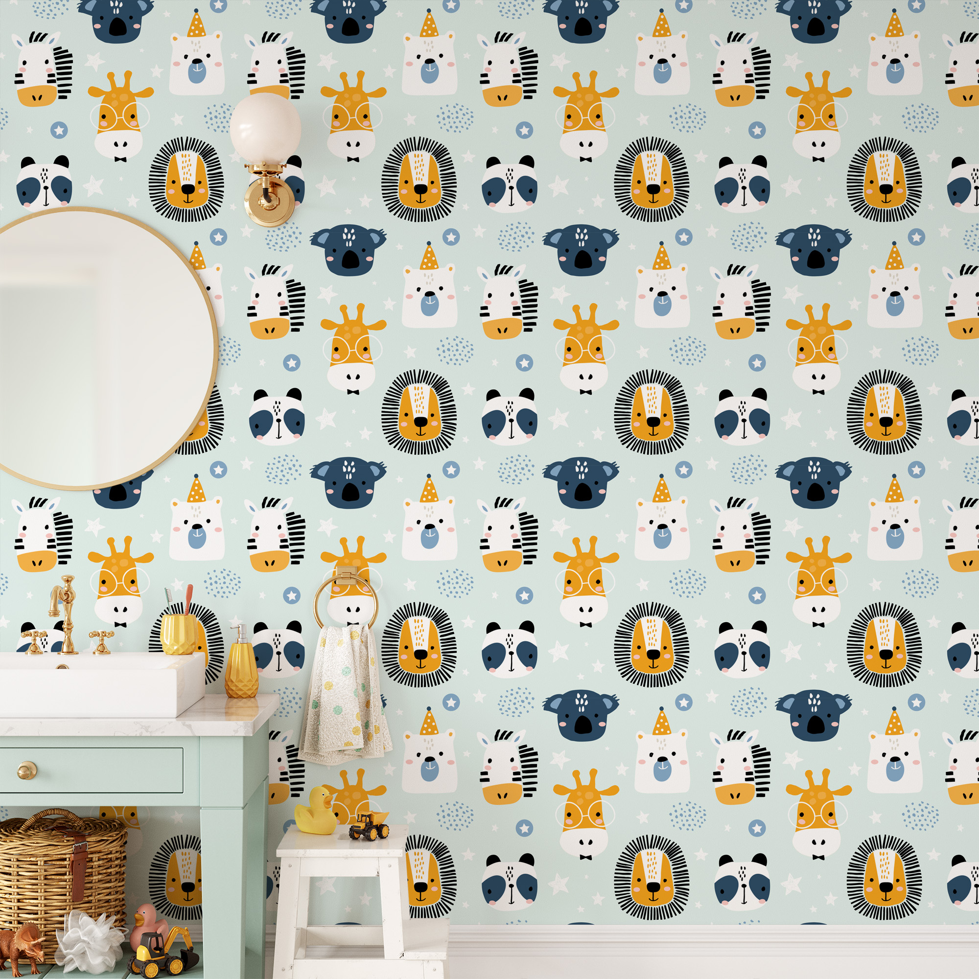 Cute Animal Faces Kids Wallpaper Peel and Stick, Playful Nursery Wall Mural, Illustrative Lion Panda Koala Giraffe Decor