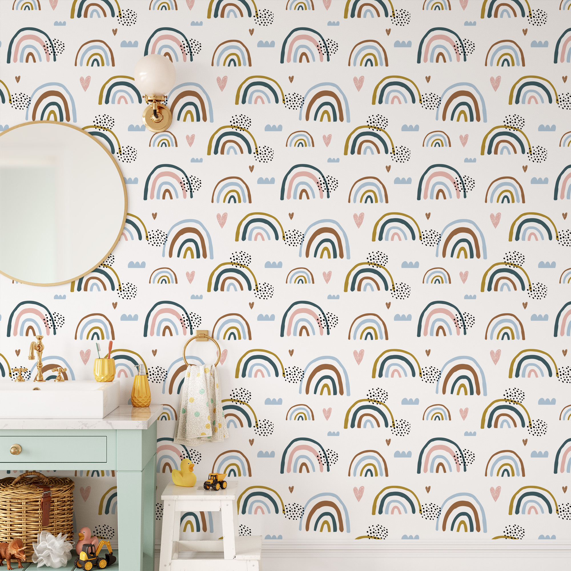 Boho Muted Rainbow Kids Peel and Stick Wallpaper, Earthy Hand-Drawn Nursery Wall Mural, Playful Scandi Decor