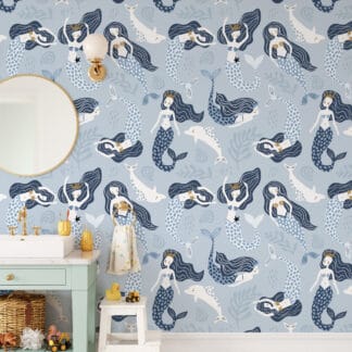 Blue Mermaid and Dolphin Nursery Peel and Stick Wallpaper, Nautical Ocean Kids Wall Mural, Under the Sea Decor