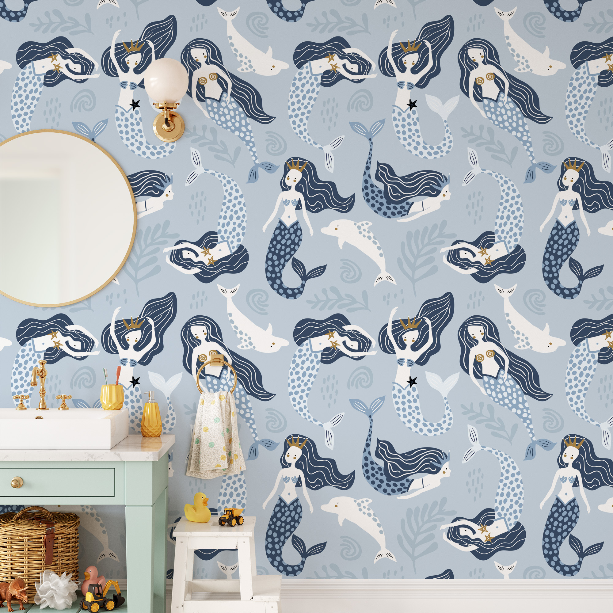 Blue Mermaid and Dolphin Nursery Peel and Stick Wallpaper, Nautical Ocean Kids Wall Mural, Under the Sea Decor