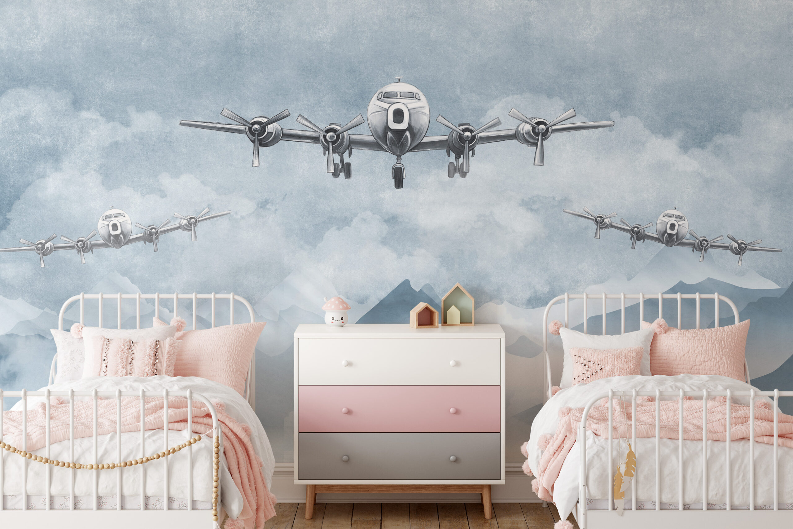 Modern Vintage Airplane and Clouds Peel and Stick Wallpaper, Aviation Themed Kids Room Wall Mural