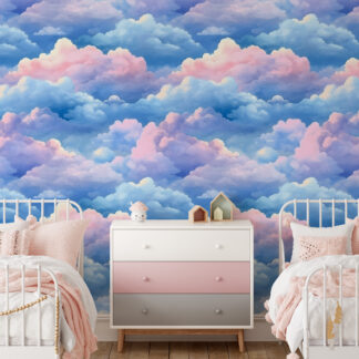 Modern Watercolor Pink and Blue Cloud Peel and Stick Wallpaper, Whimsical Dreamy Sky Wall Mural