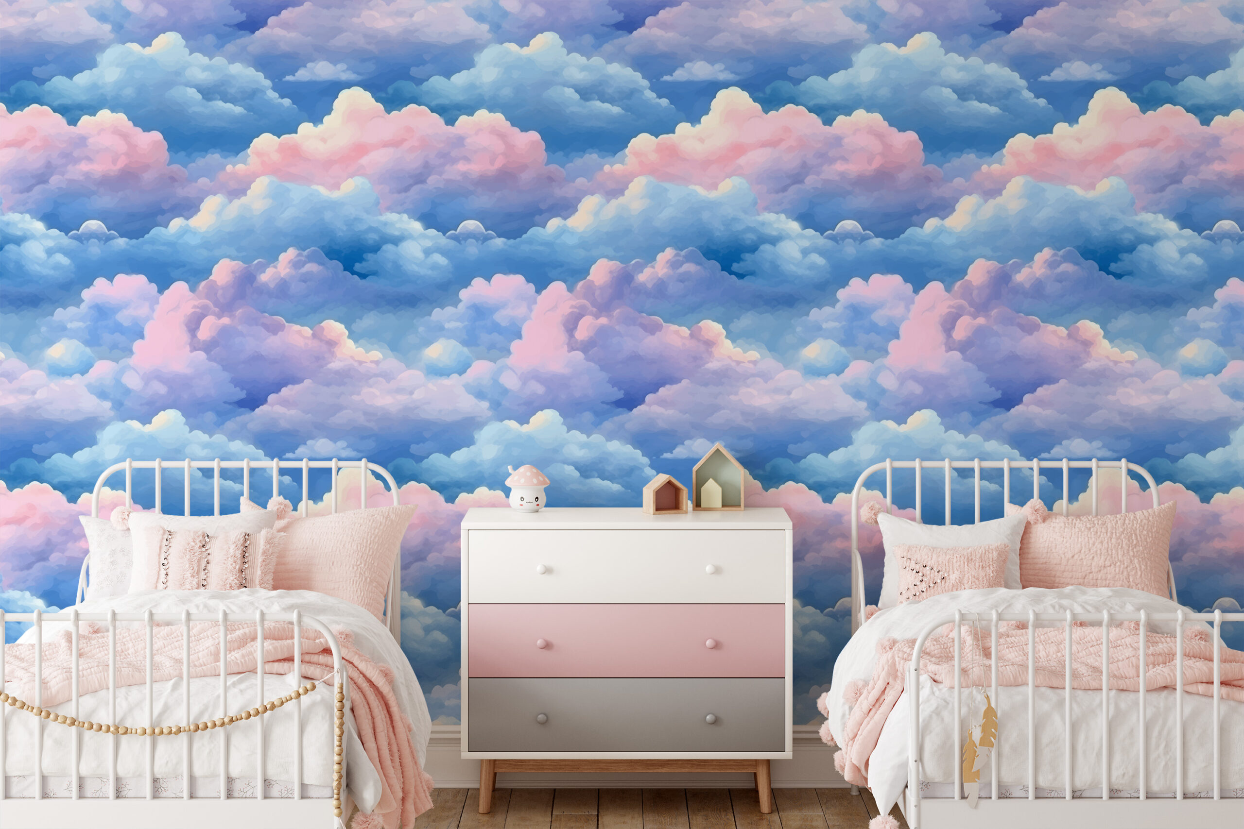 Modern Watercolor Pink and Blue Cloud Peel and Stick Wallpaper, Whimsical Dreamy Sky Wall Mural