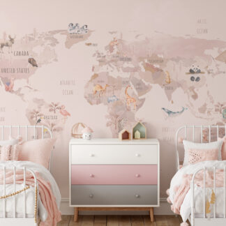 Modern Pink Watercolor World Map with Animals Peel and Stick Wallpaper, Dreamy Nursery Wall Mural
