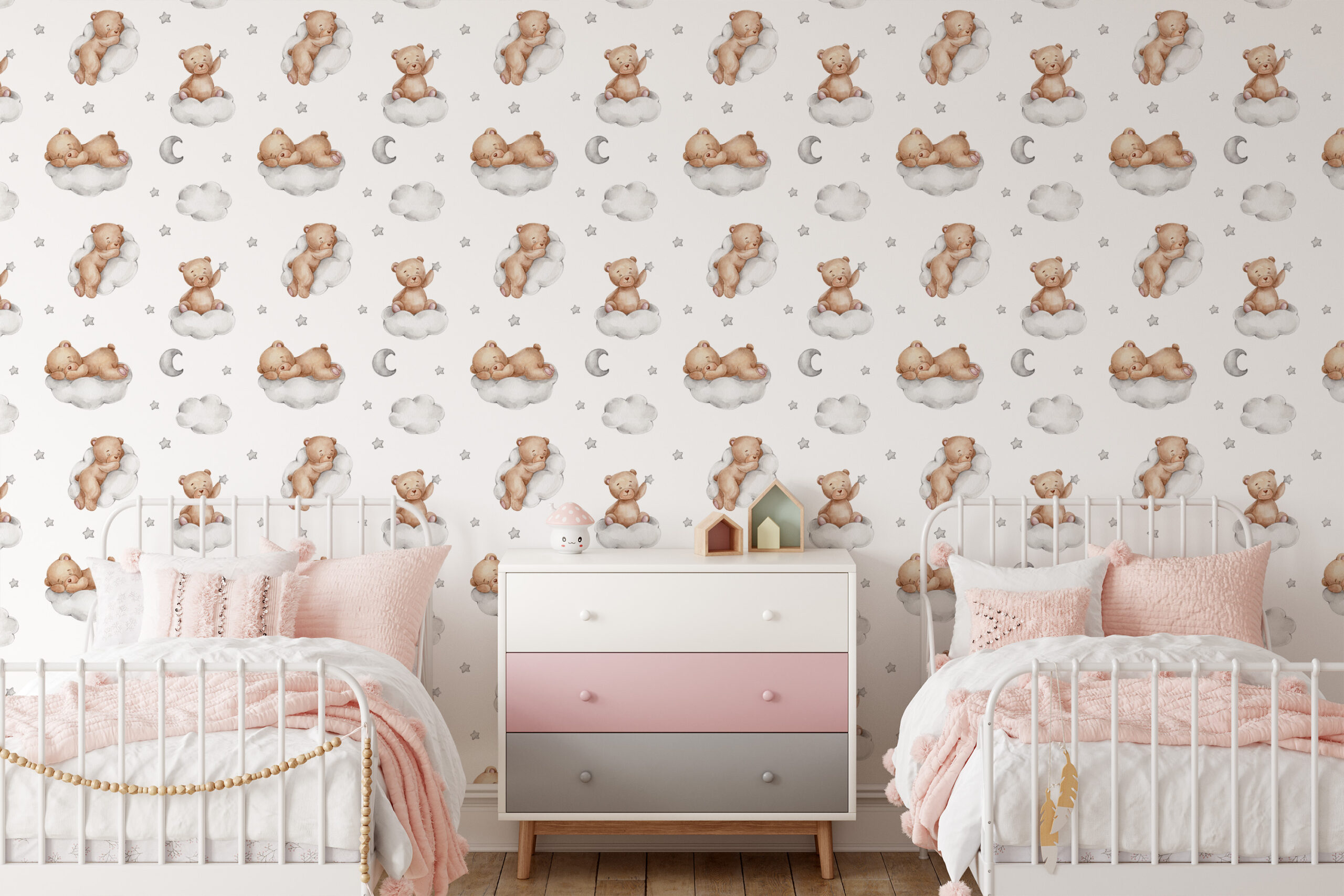 Dreamy Watercolor Teddy Bear on Clouds Kids Peel and Stick Wallpaper, Neutral Nursery Wall Mural, Whimsical Starry Night Decor
