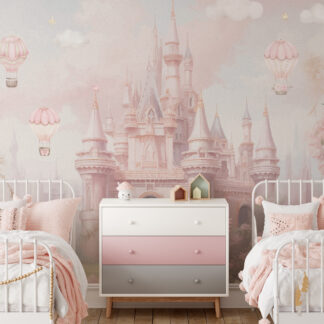 Watercolor Pink Princess Castle and Hot Air Balloon Kids Peel and Stick Wallpaper, Whimsical Fairytale Nursery Wall Mural