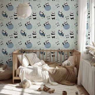 Space Panda Astronaut Kids Wallpaper Peel and Stick, Mint Green Galaxy Nursery Wall Mural, Whimsical Rocket Ship Decor