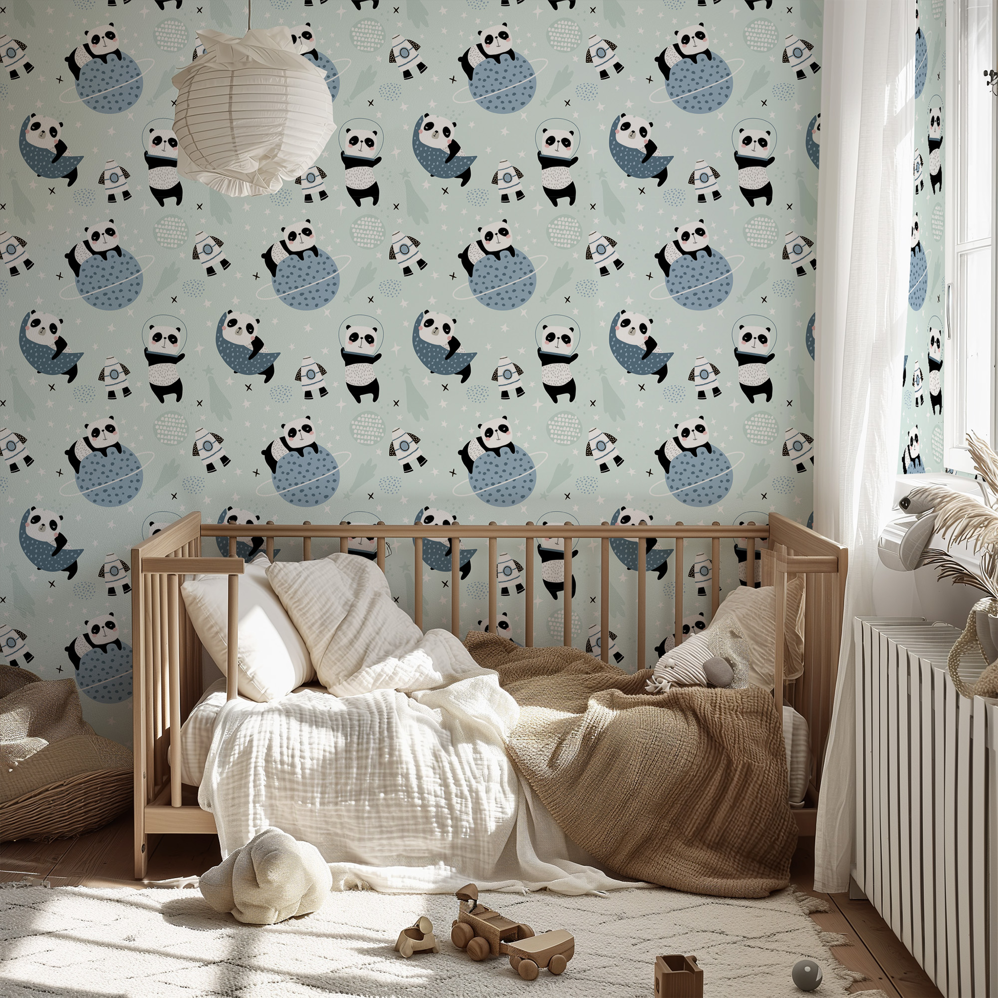 Space Panda Astronaut Kids Wallpaper Peel and Stick, Mint Green Galaxy Nursery Wall Mural, Whimsical Rocket Ship Decor