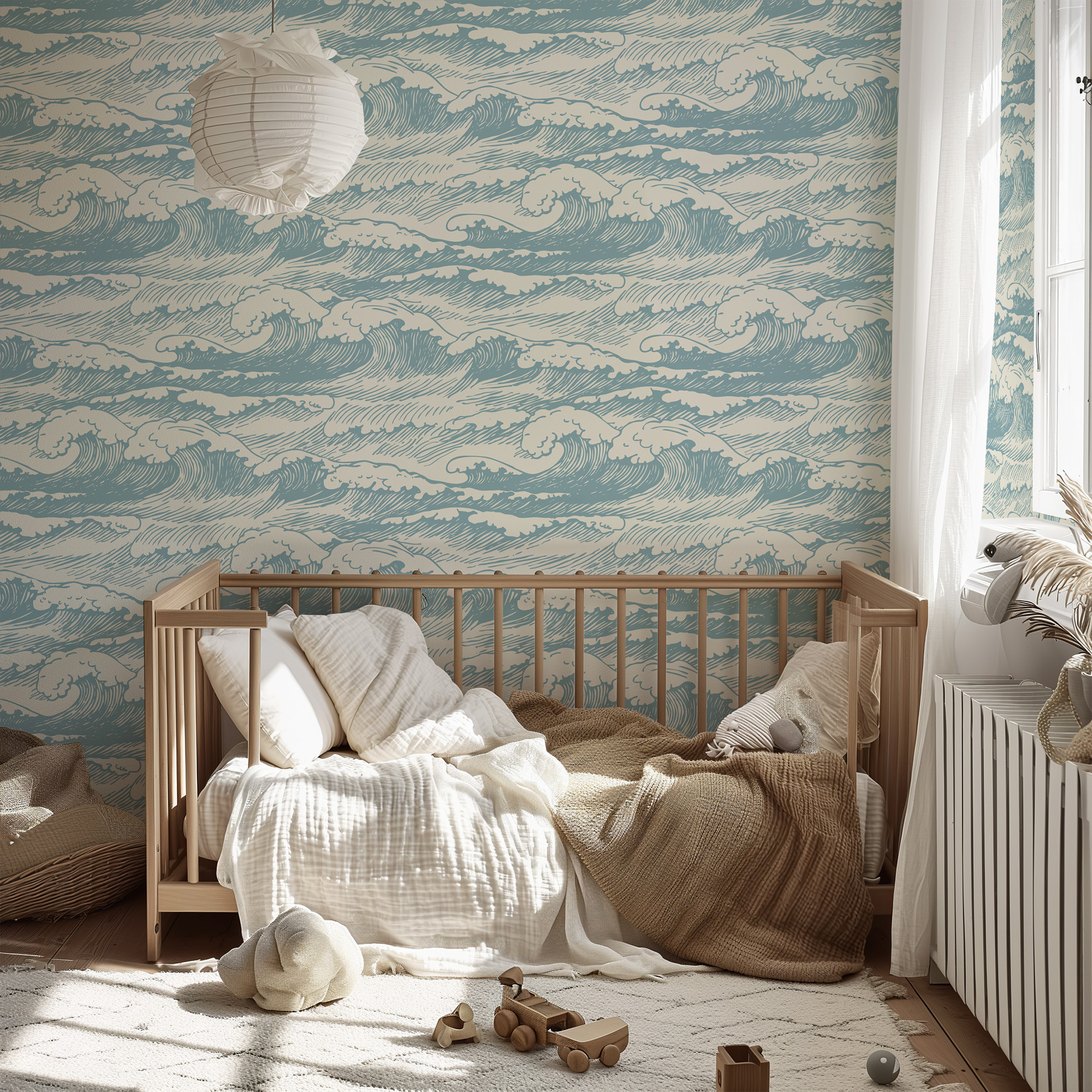Modern Blue Japanese Wave Peel and Stick Wallpaper, Nautical Ocean Kids Room Wall Mural