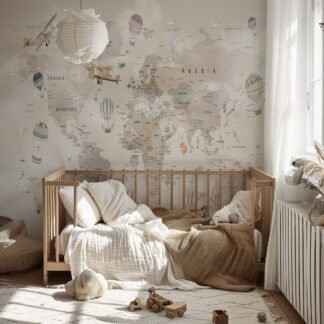 Modern Vintage World Map with Airplanes Peel and Stick Wallpaper, Educational Neutral Kids Room Wall Mural
