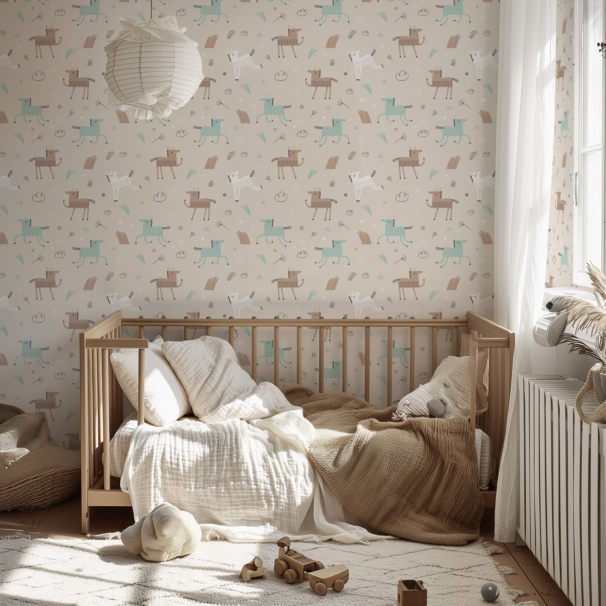 Cute Horse Pattern Kids Peel and Stick Wallpaper, Scandi Muted Teal and Brown Nursery Wall Mural, Minimalist Animal Decor