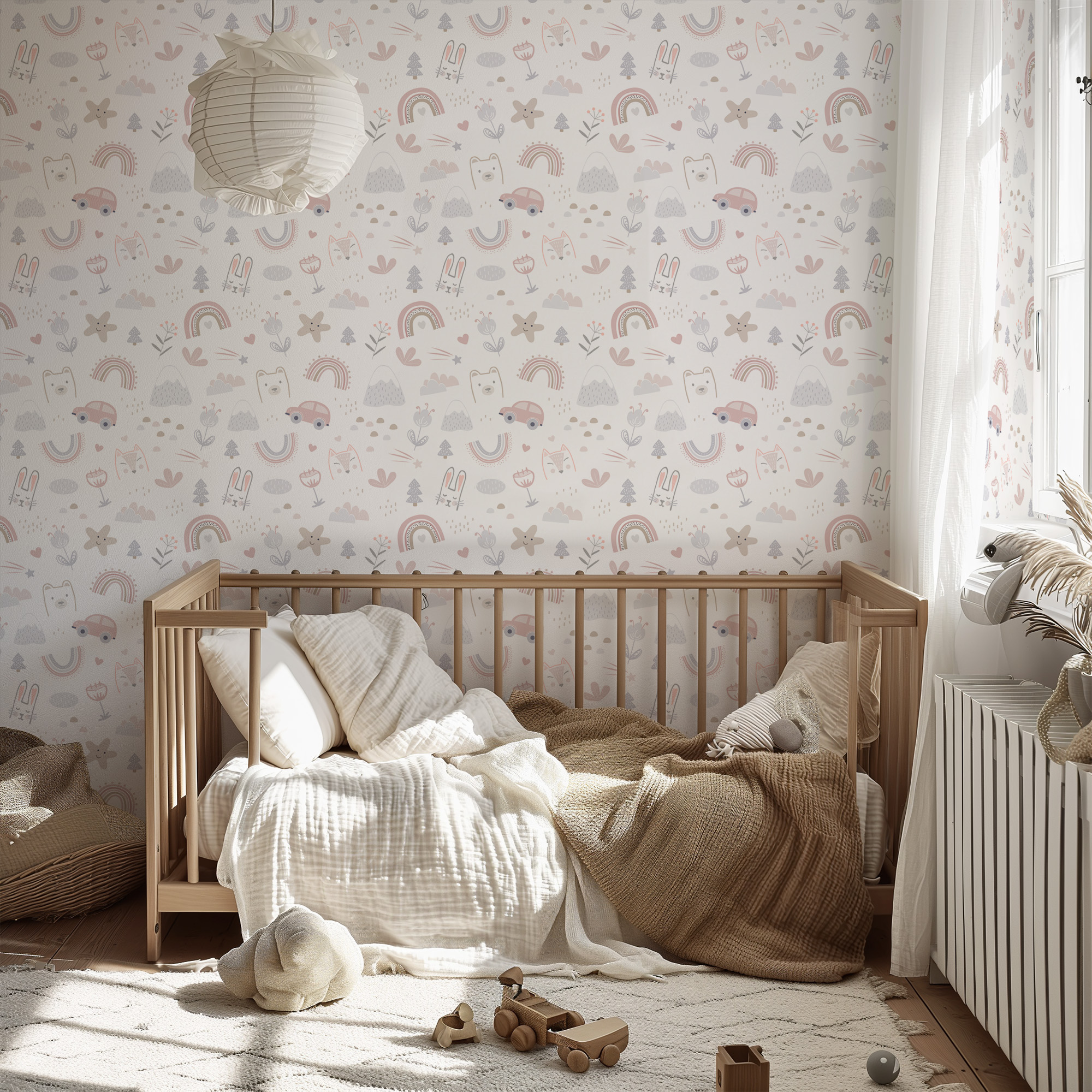 Whimsical Animal and Rainbow Adventure Kids Peel and Stick Wallpaper, Neutral Scandi Nursery Wall Mural