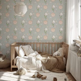 Whimsical Bunny with Pink Balloon Kids Peel and Stick Wallpaper, Soft Mint Scandi Nursery Wall Mural, Playful Animal Decor