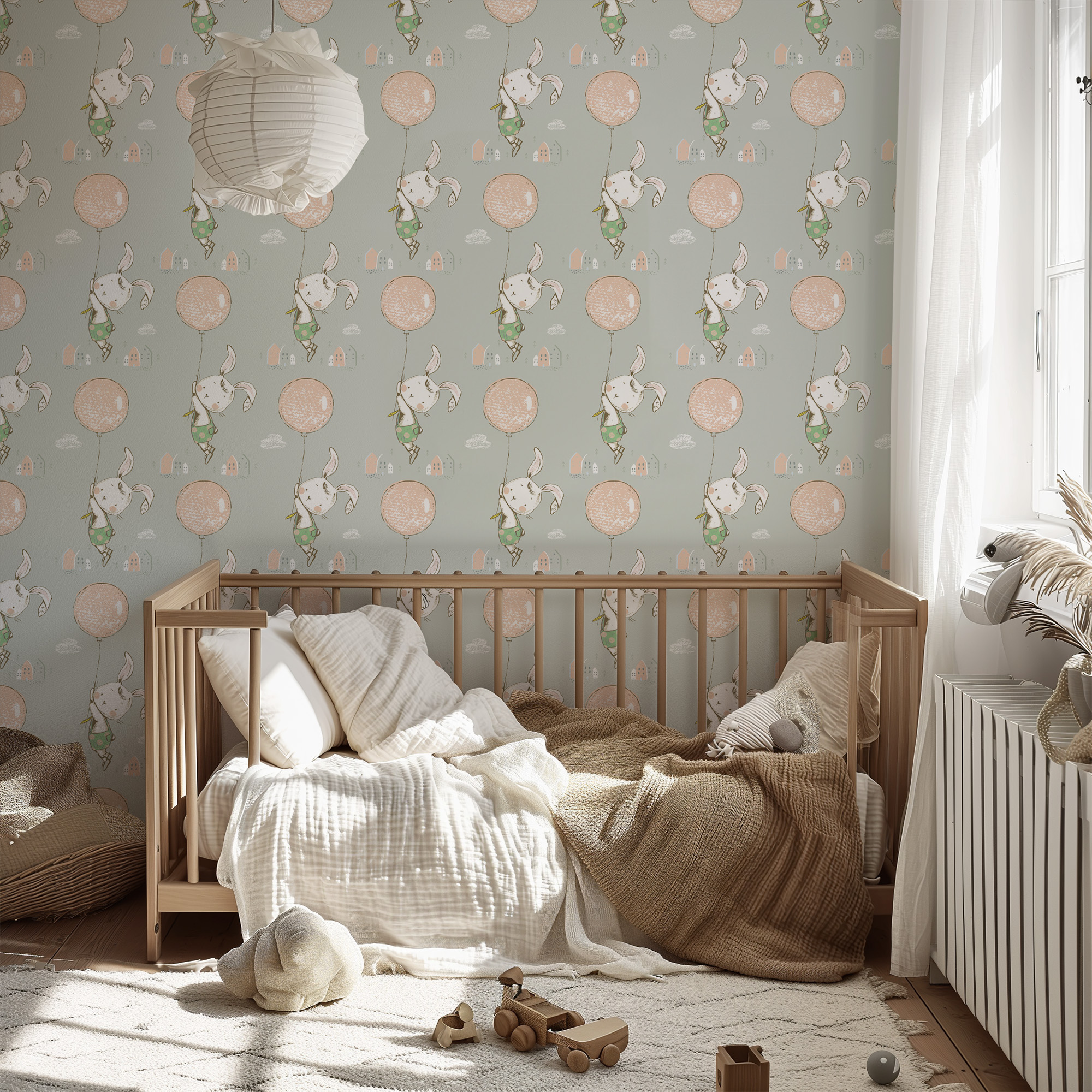 Whimsical Bunny with Pink Balloon Kids Peel and Stick Wallpaper, Soft Mint Scandi Nursery Wall Mural, Playful Animal Decor