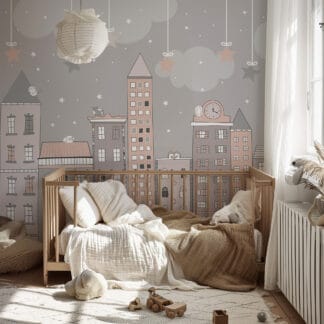 Whimsical Cityscape and Buildings Kids Peel and Stick Wallpaper, Pink and Grey City Nursery Wall Mural, Playful Urban Decor