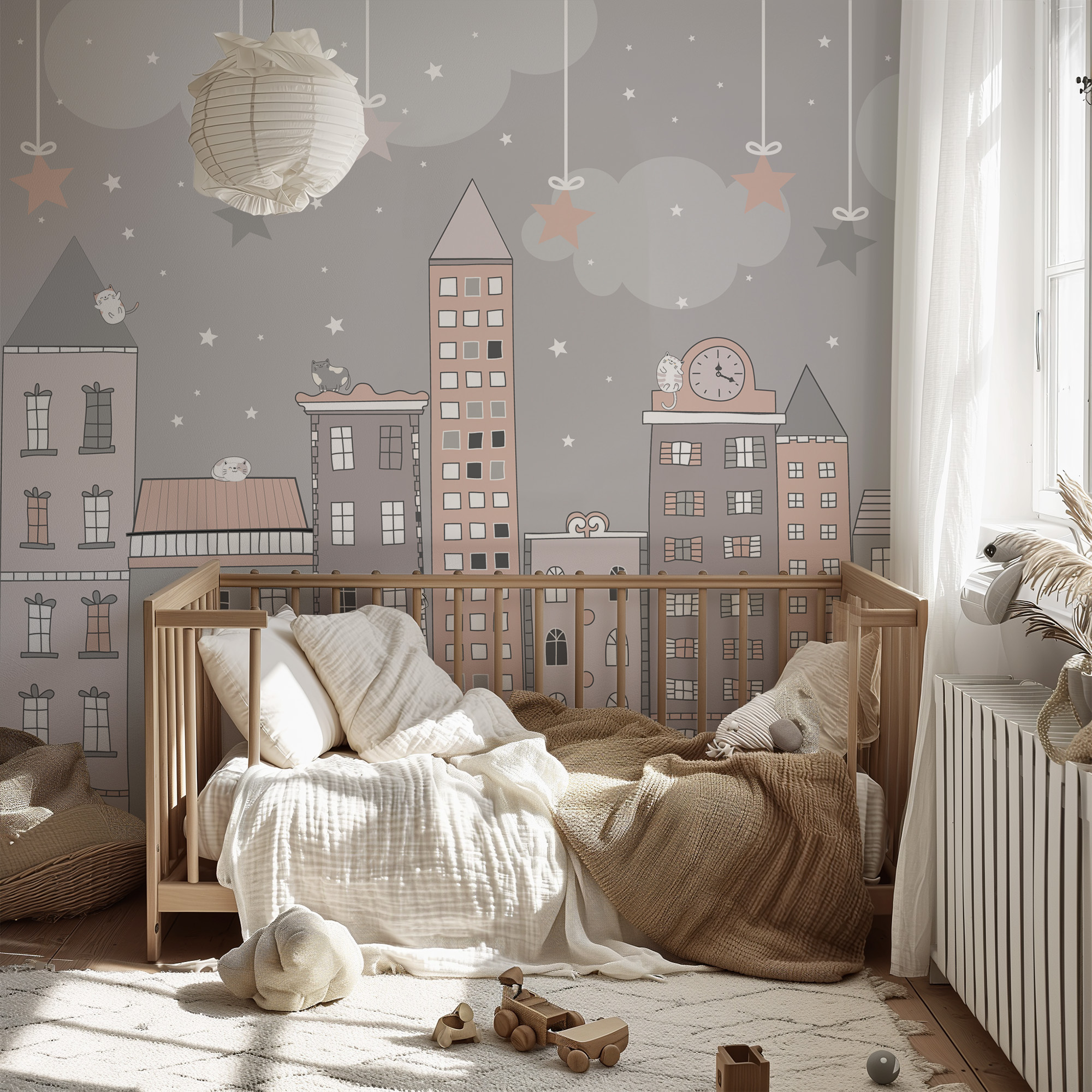Whimsical Cityscape and Buildings Kids Peel and Stick Wallpaper, Pink and Grey City Nursery Wall Mural, Playful Urban Decor
