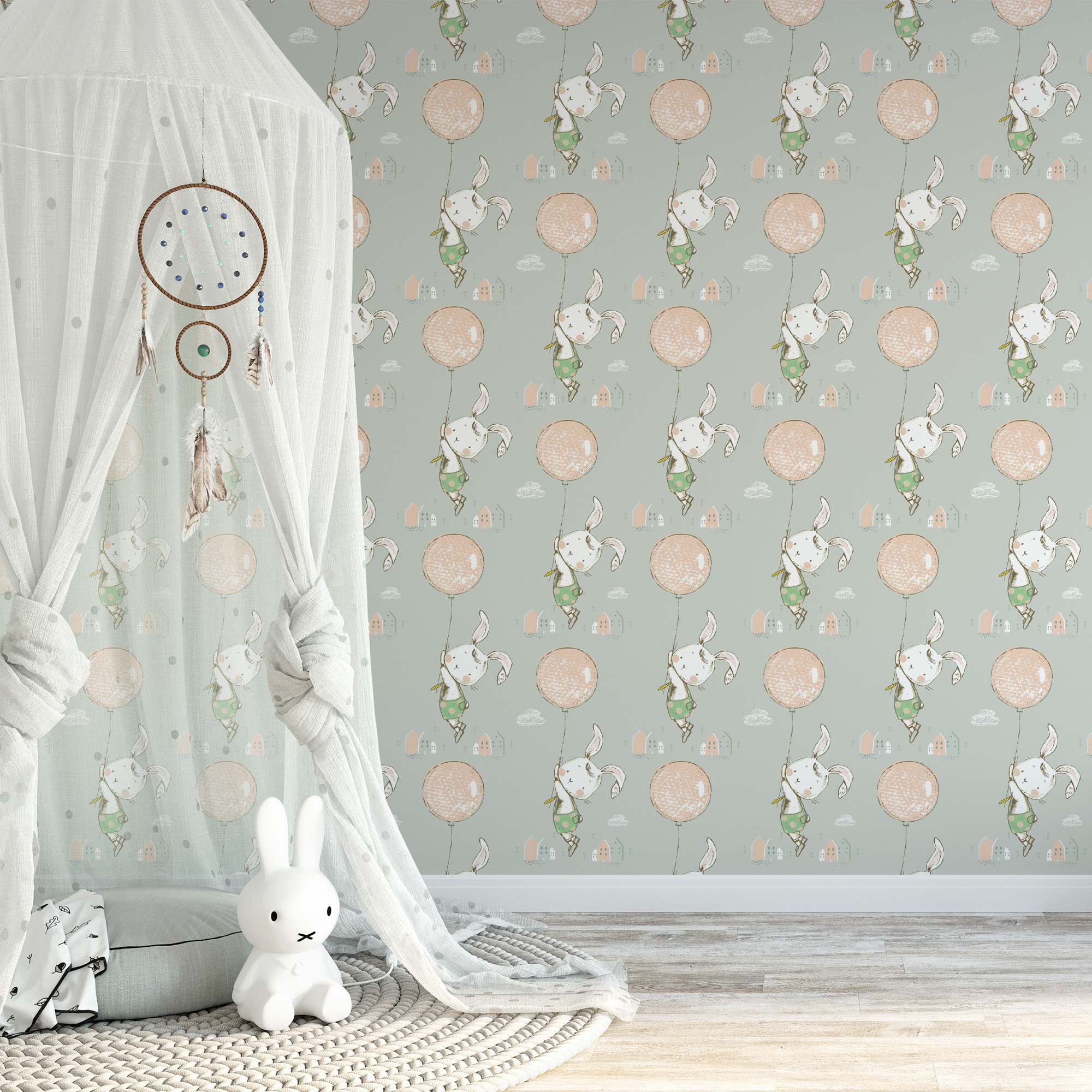 Whimsical Bunny with Pink Balloon Kids Peel and Stick Wallpaper, Soft Mint Scandi Nursery Wall Mural, Playful Animal Decor