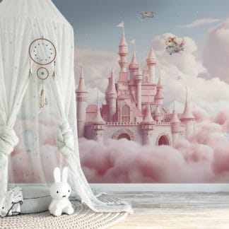 Watercolor Pink Fairytale Castle in the Clouds Kids Peel and Stick Wallpaper, Dreamy Princess Nursery Wall Mural