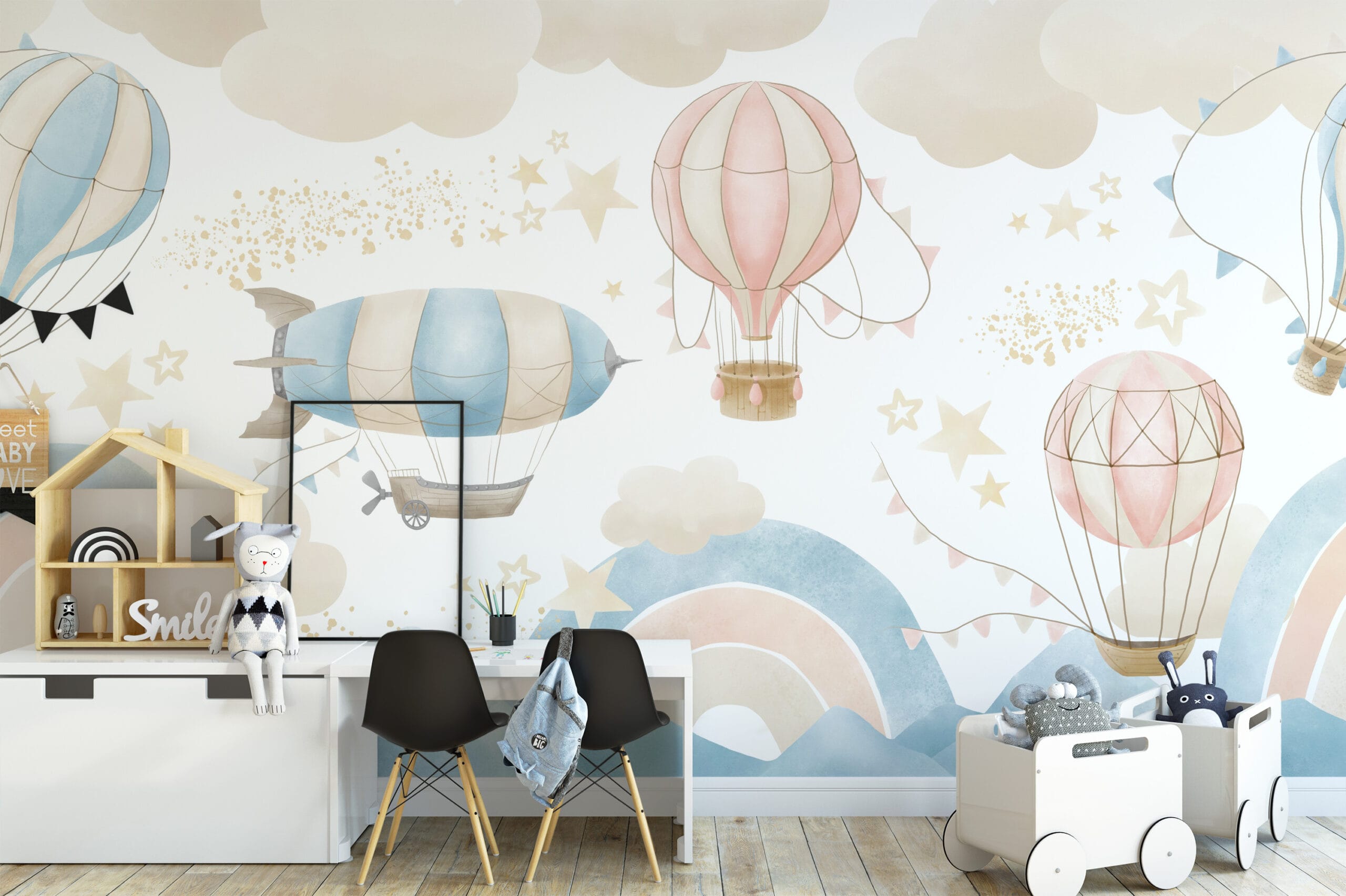 Watercolor Vintage Airship and Hot Air Balloon Peel and Stick Wallpaper, Dreamy Sky and Mountain Nursery Wall Mural