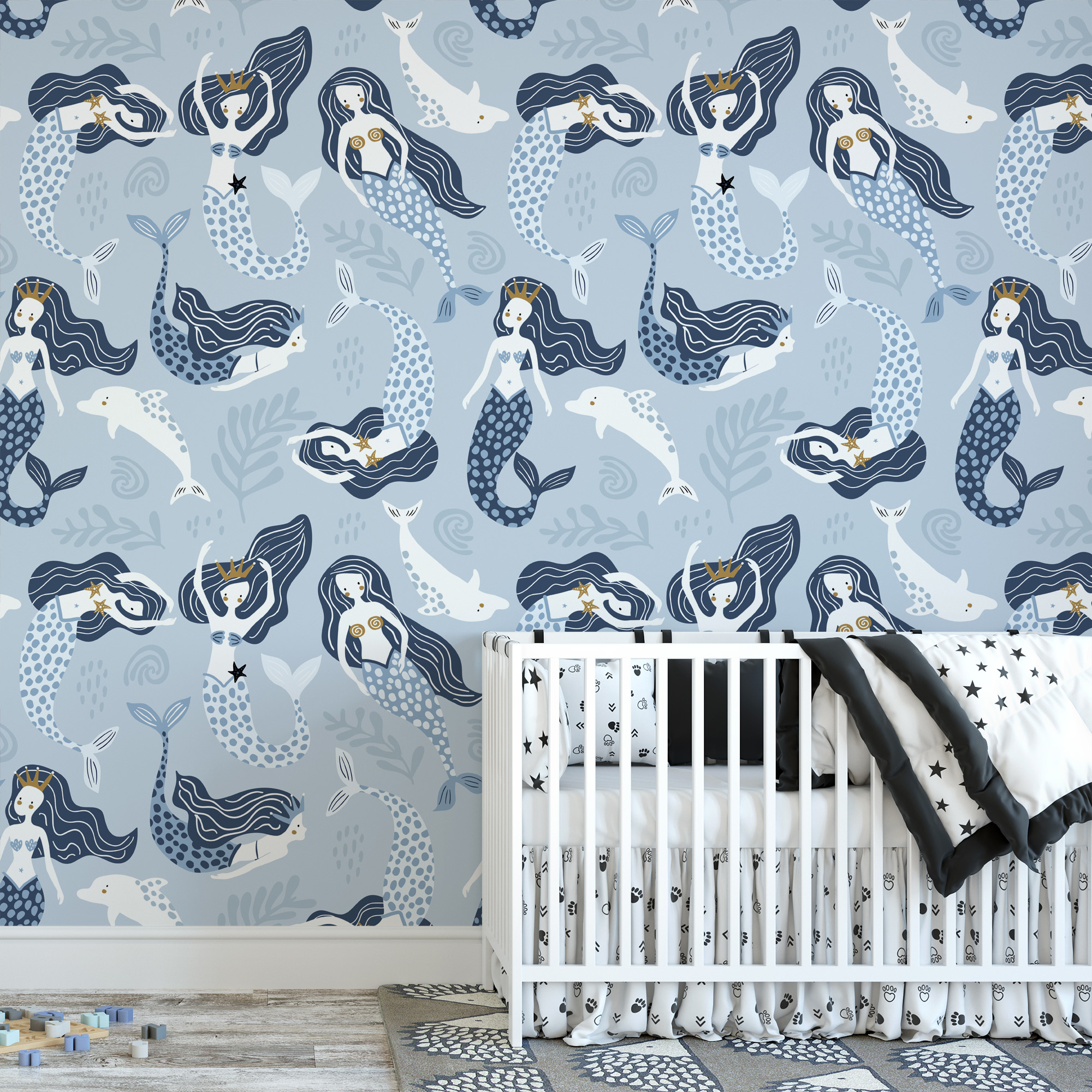 Blue Mermaid and Dolphin Nursery Peel and Stick Wallpaper, Nautical Ocean Kids Wall Mural, Under the Sea Decor
