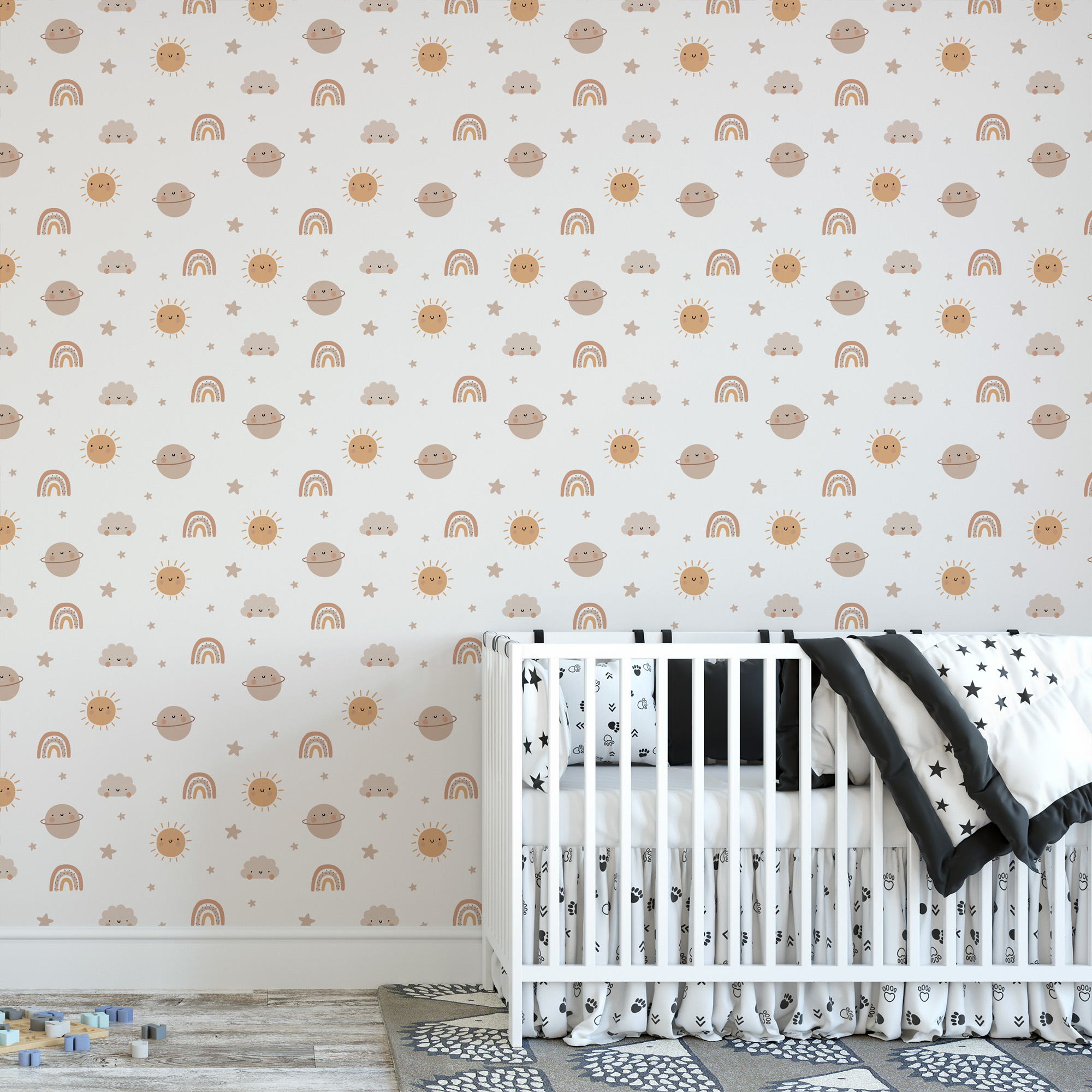 Happy Boho Space and Galaxy Nursery Peel and Stick Wallpaper, Neutral Terracotta Planet Wall Mural for Kids Room