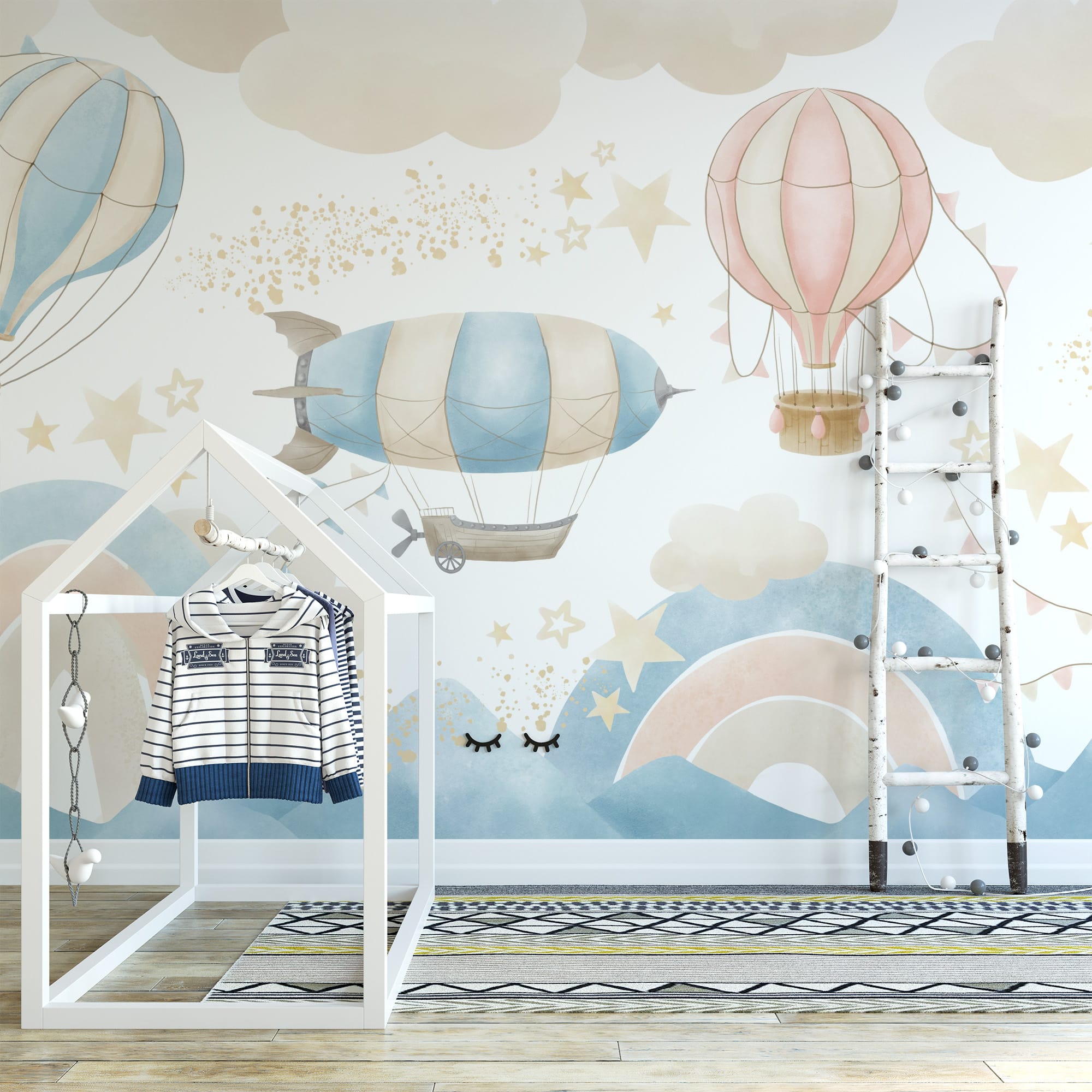 Watercolor Vintage Airship and Hot Air Balloon Peel and Stick Wallpaper, Dreamy Sky and Mountain Nursery Wall Mural