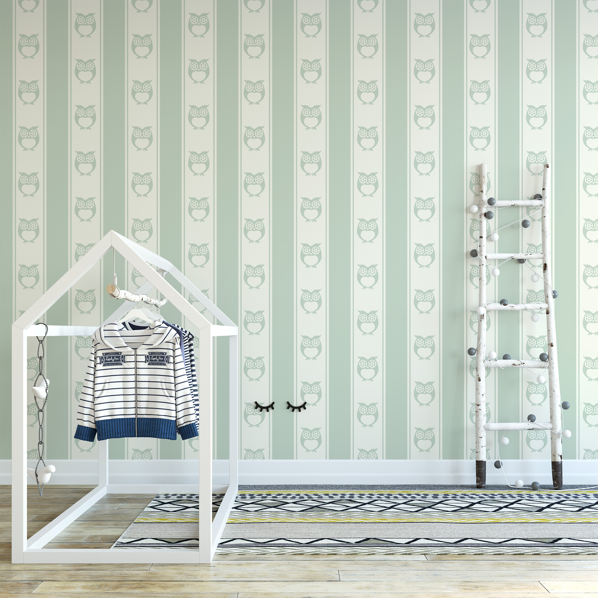 Minimalist Sage Green Owl and Vertical Stripes Kids Peel and Stick Wallpaper, Scandi Nursery Wall Mural