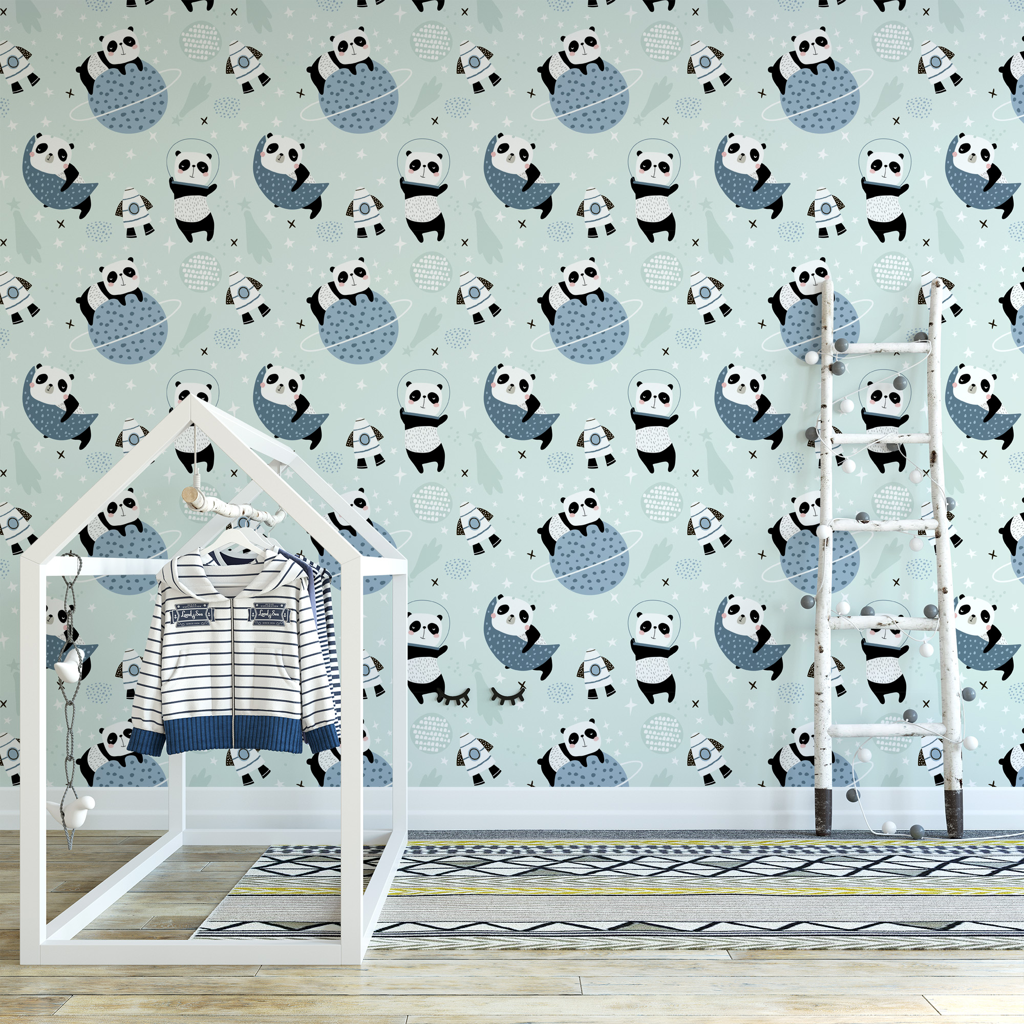Space Panda Astronaut Kids Wallpaper Peel and Stick, Mint Green Galaxy Nursery Wall Mural, Whimsical Rocket Ship Decor
