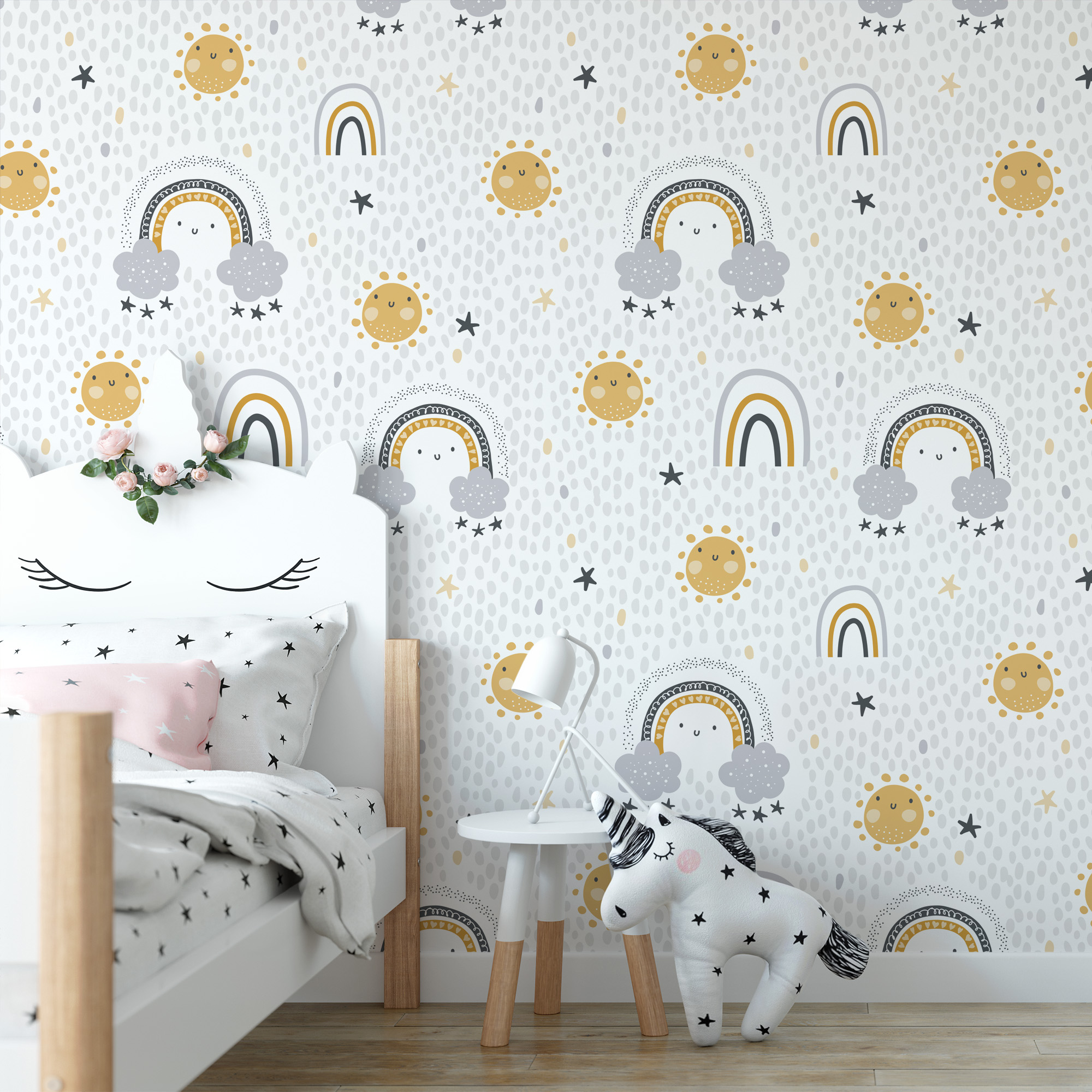 Happy Sun and Rainbow Kids Peel and Stick Wallpaper, Muted Mustard and Grey Nursery Wall Mural, Playful Scandi Decor