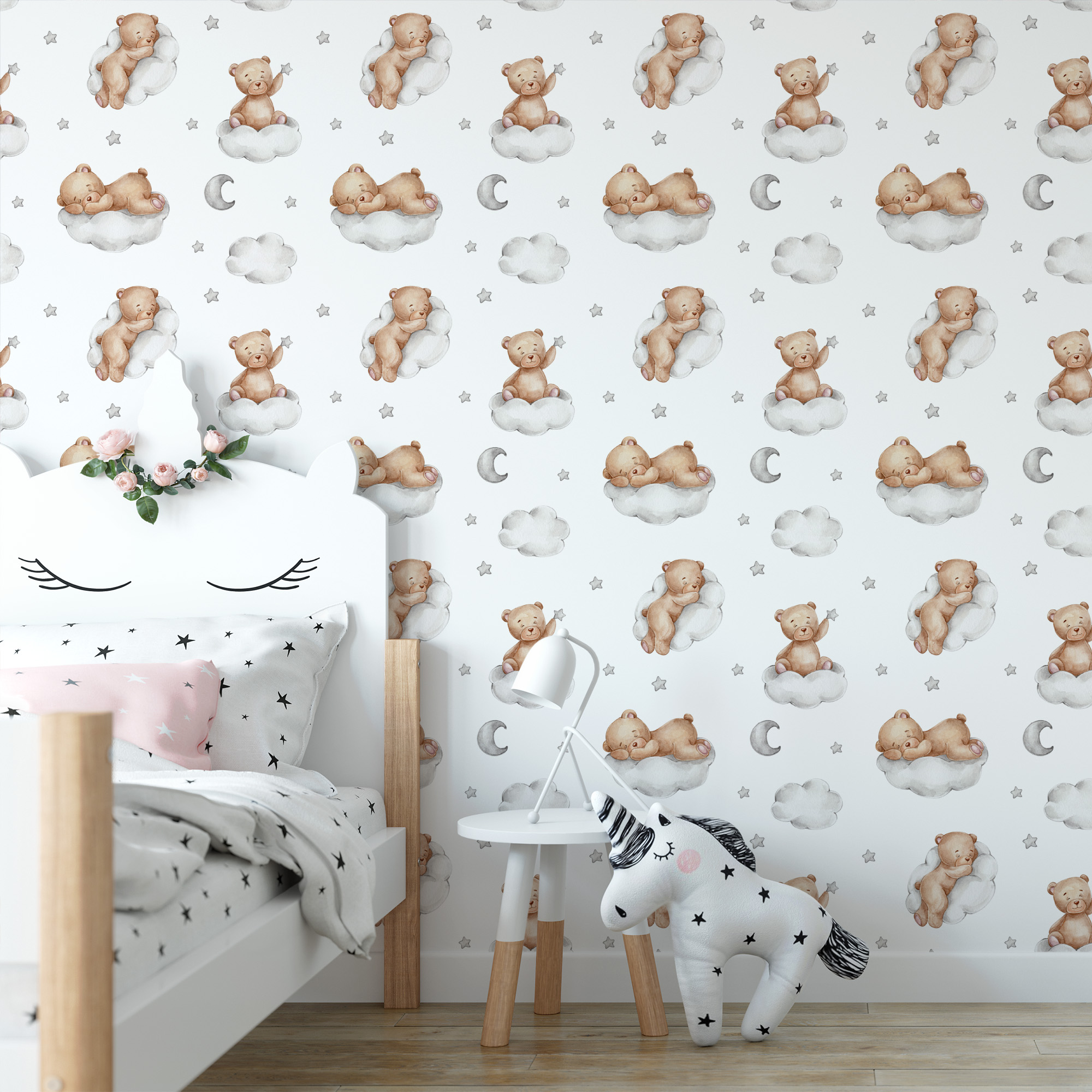 Dreamy Watercolor Teddy Bear on Clouds Kids Peel and Stick Wallpaper, Neutral Nursery Wall Mural, Whimsical Starry Night Decor