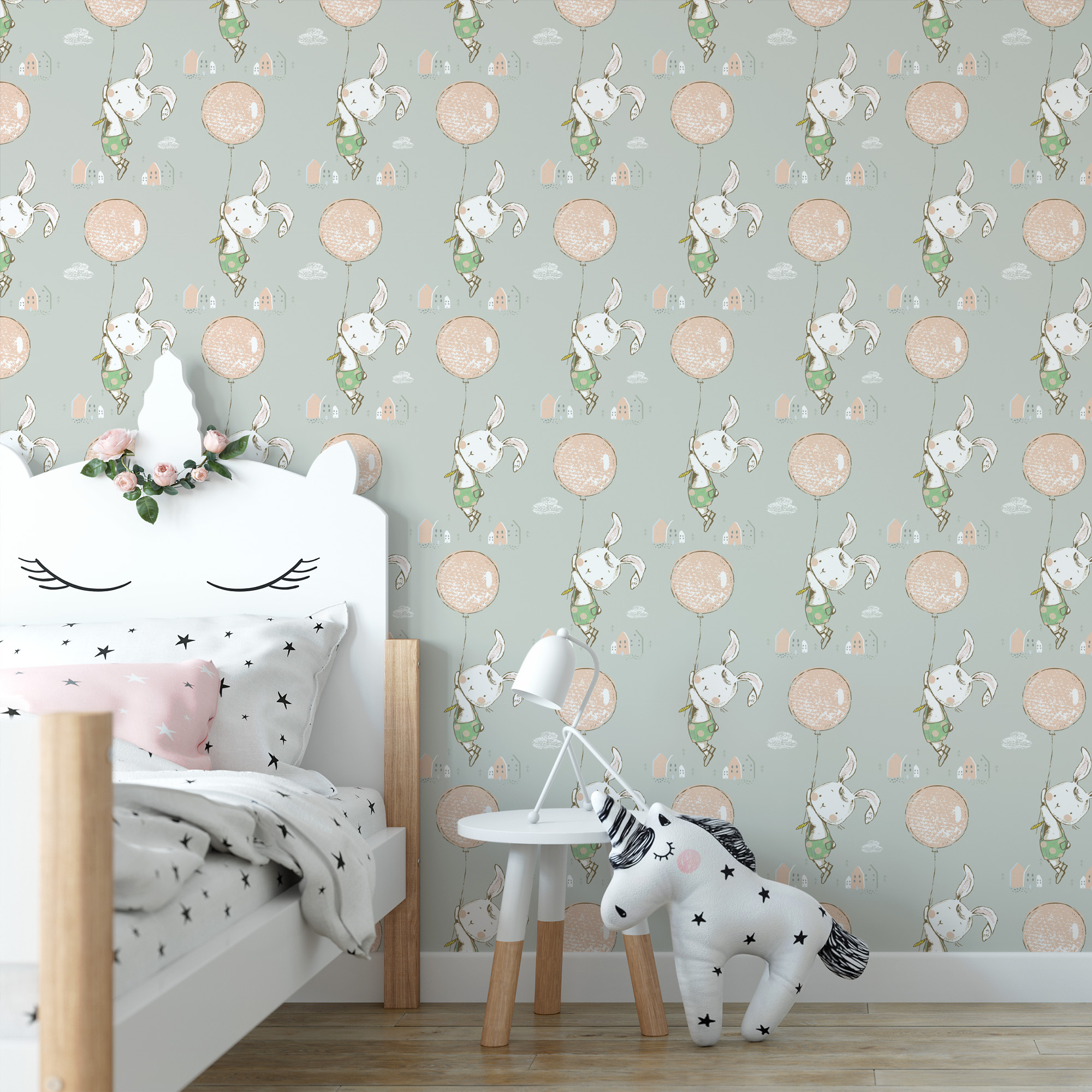 Whimsical Bunny with Pink Balloon Kids Peel and Stick Wallpaper, Soft Mint Scandi Nursery Wall Mural, Playful Animal Decor
