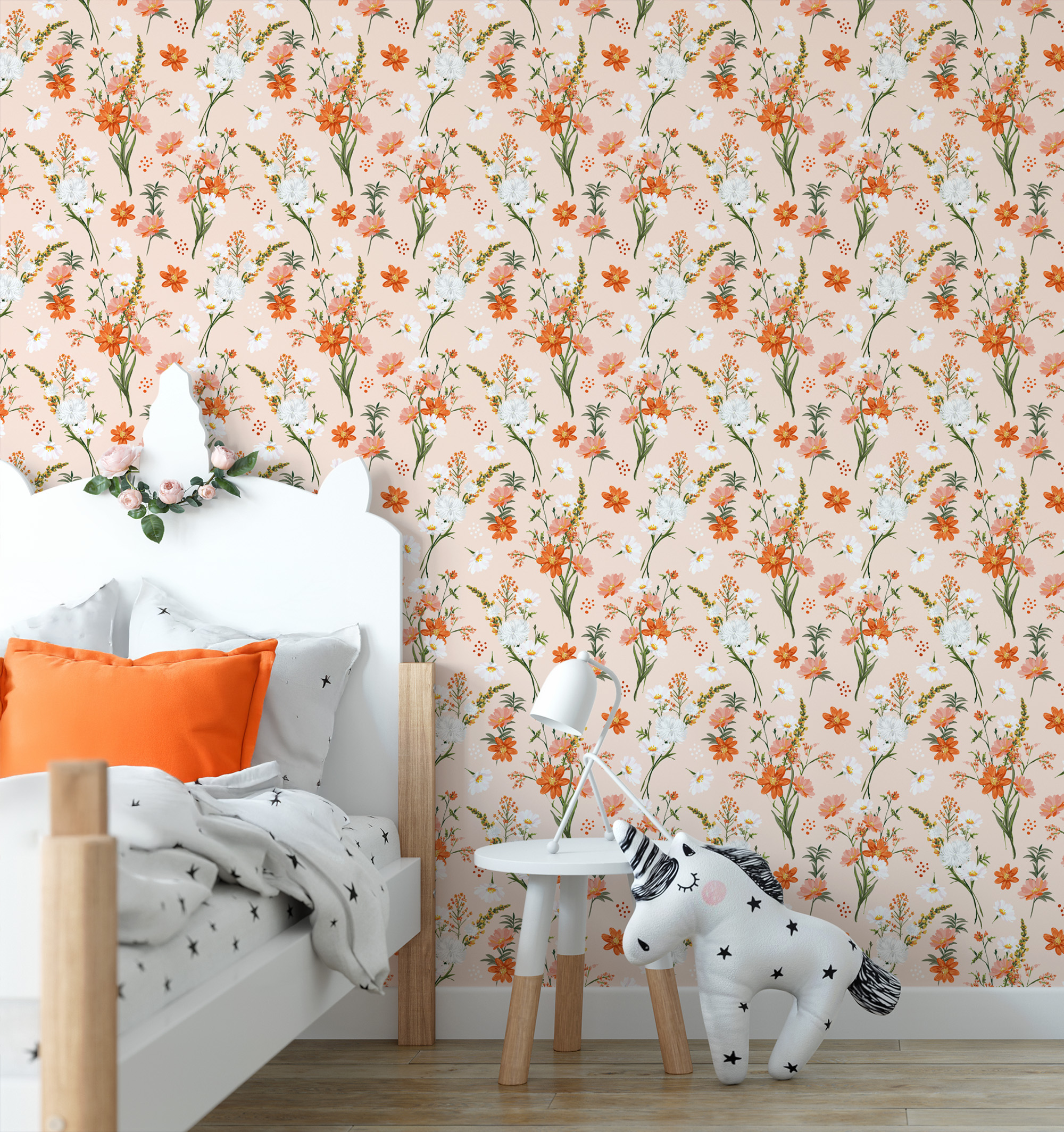 Warm Peach Wildflower Peel and Stick Wallpaper for Office, Elegant Botanical Meadow Wall Mural, Orange and White Floral Decor
