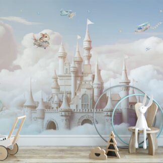 Watercolor Fairytale Castle and Flying Animals Kids Peel and Stick Wallpaper, Dreamy Cloud Nursery Wall Mural