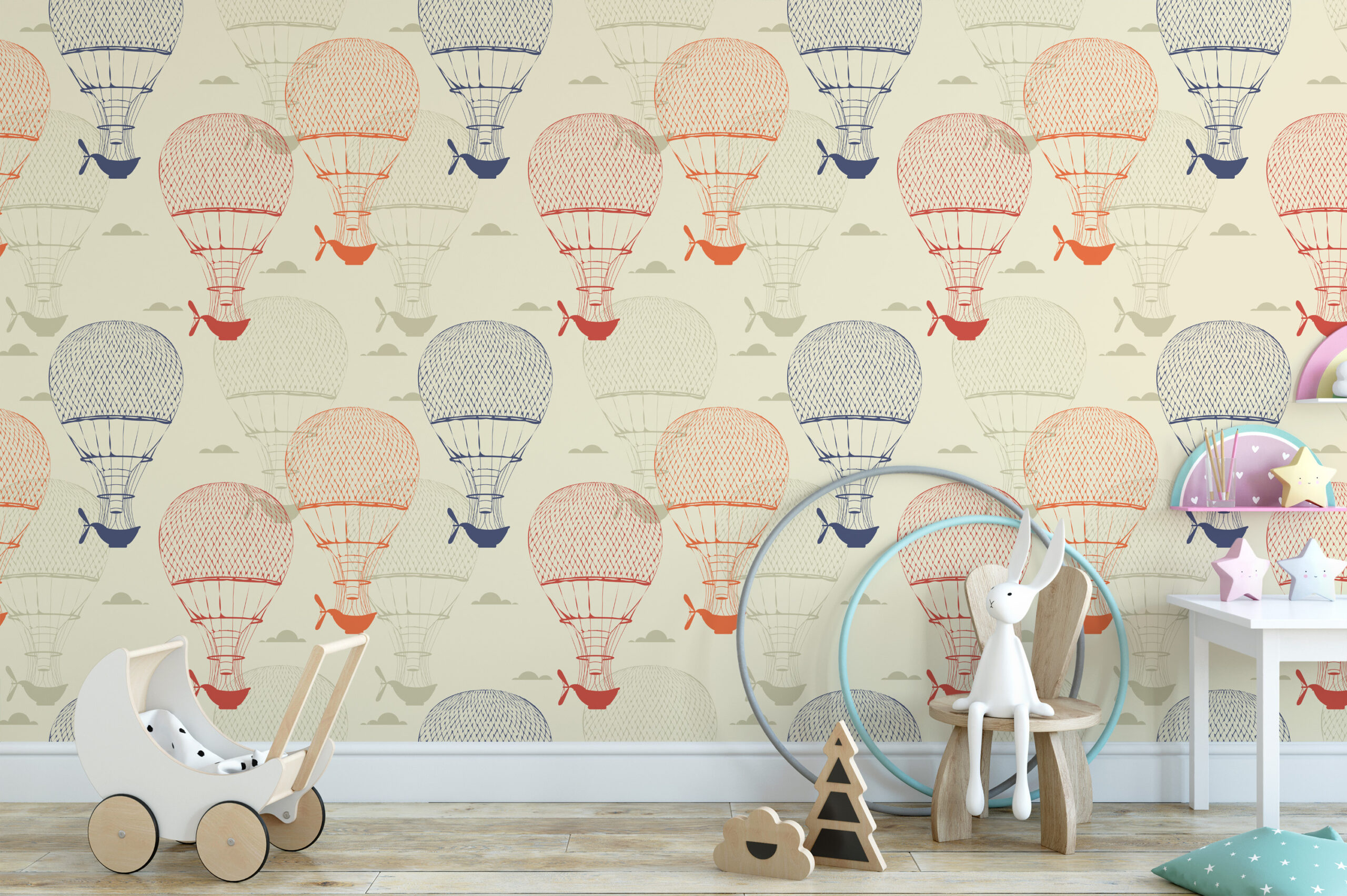 Vintage Hot Air Balloon Kids Peel and Stick Wallpaper, Antique Engraving Style Nursery Wall Mural, Classic Adventure Decor