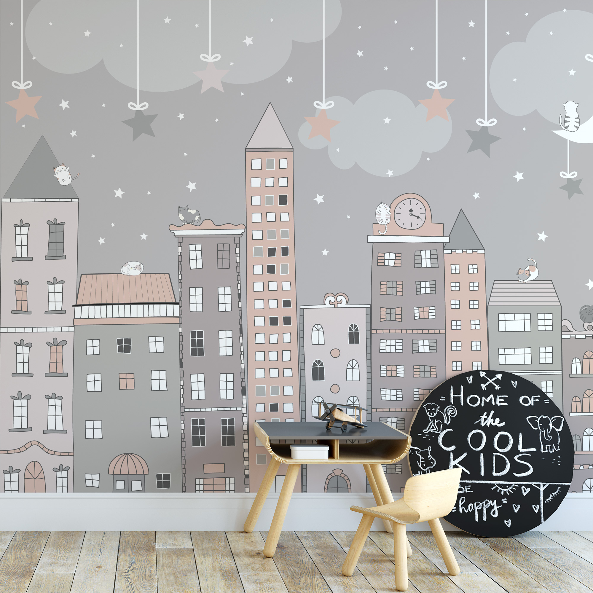 Whimsical Cityscape and Buildings Kids Peel and Stick Wallpaper, Pink and Grey City Nursery Wall Mural, Playful Urban Decor